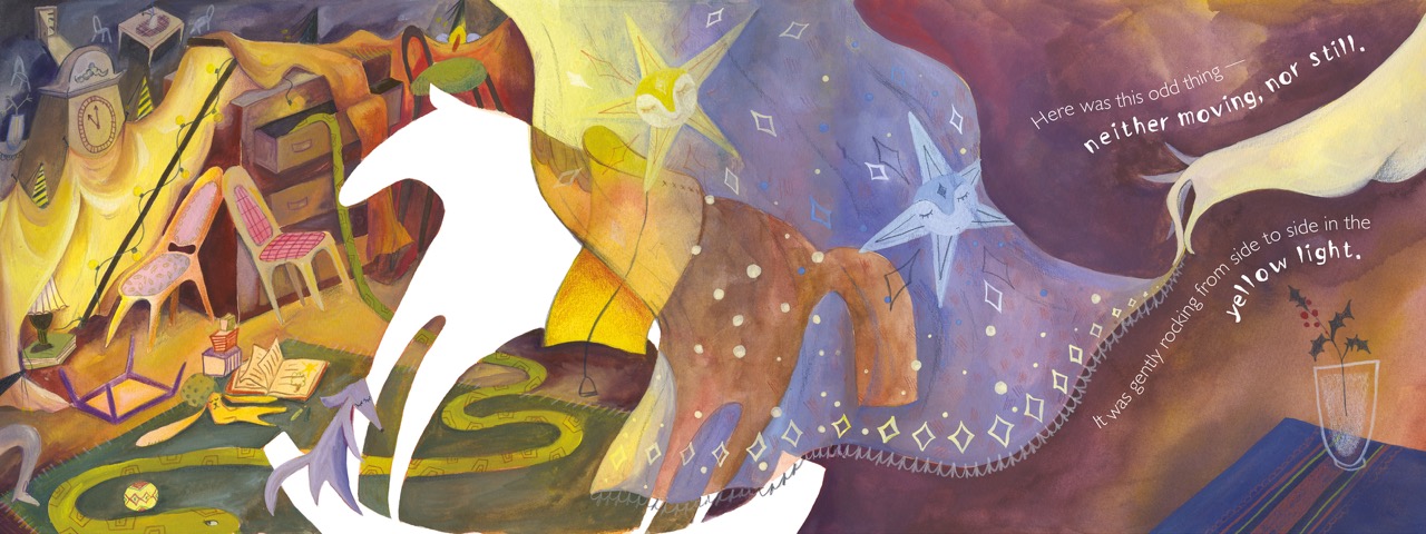 A colourful abstract mural with white bird silhouettes, flowing purple and gold shapes, and handwritten text on the right side.
