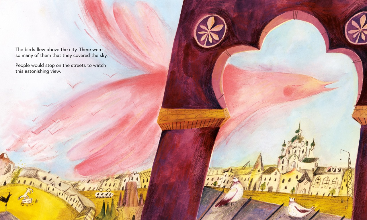 A painted scene shows a giant pink bird with outstretched wings flying past a dark red archway, with a town and birds in the background.