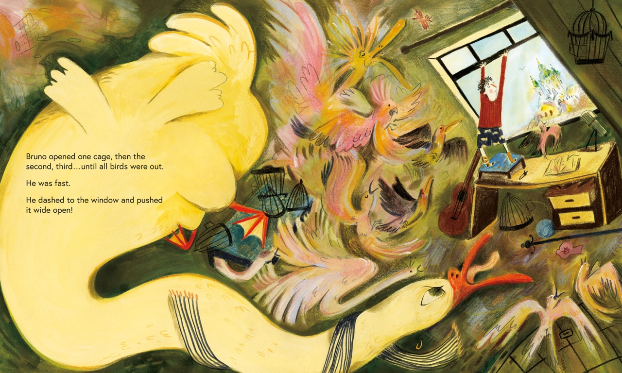 A painted illustration of a giant yellow bird opening a cage, with several birds flying through a room where a child stands by an open window.