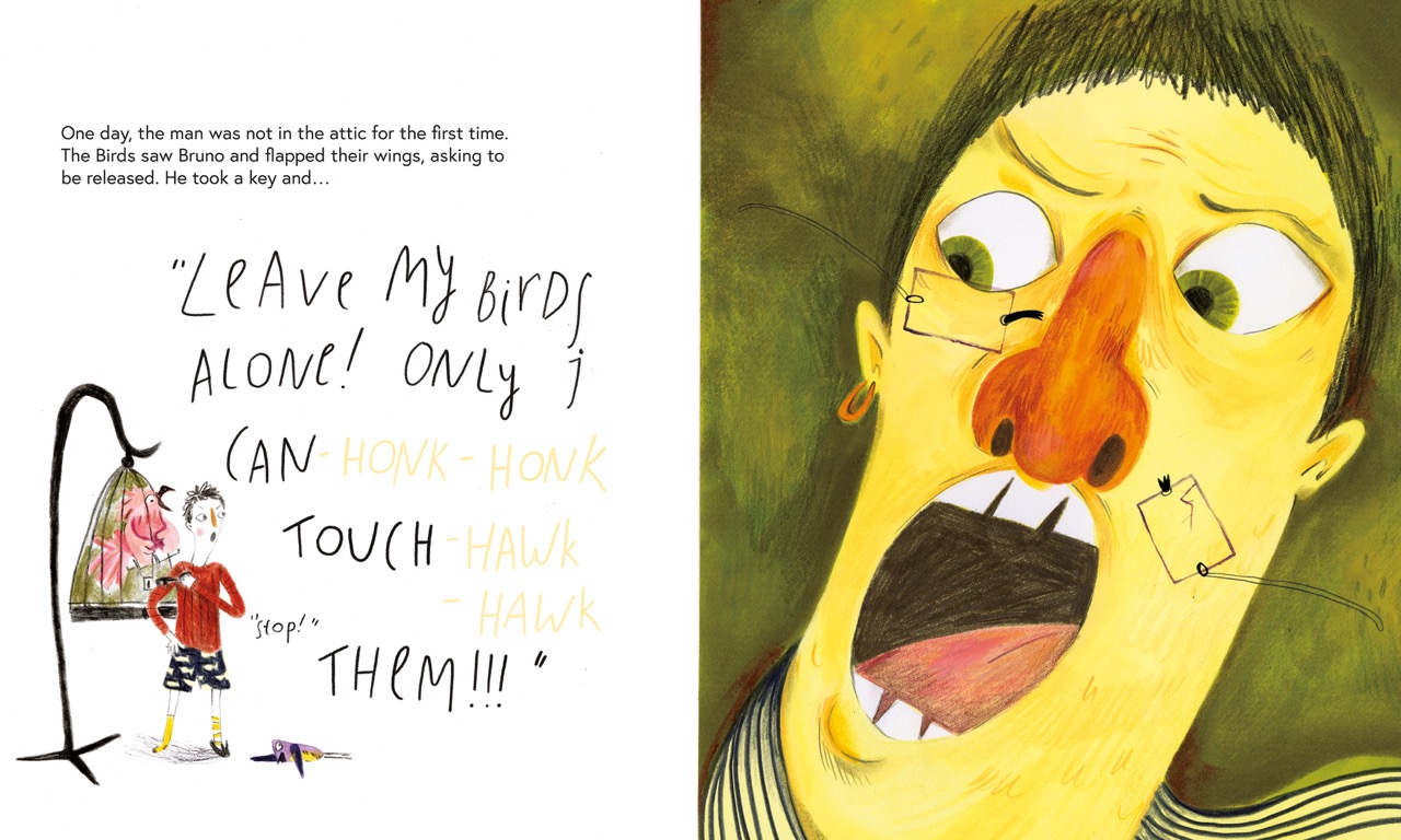 An illustrated book spread showing a man with a bird perched on a stand on the left page and a large close-up face on the right page, with handwritten text across the spread.
