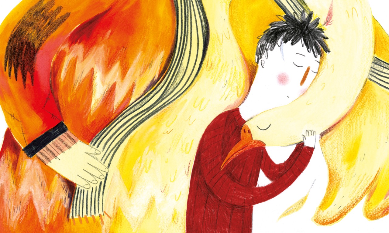 An illustrated child with black hair and a red top hugs a large yellow crescent-shaped figure, with bright orange and yellow swirls in the background.