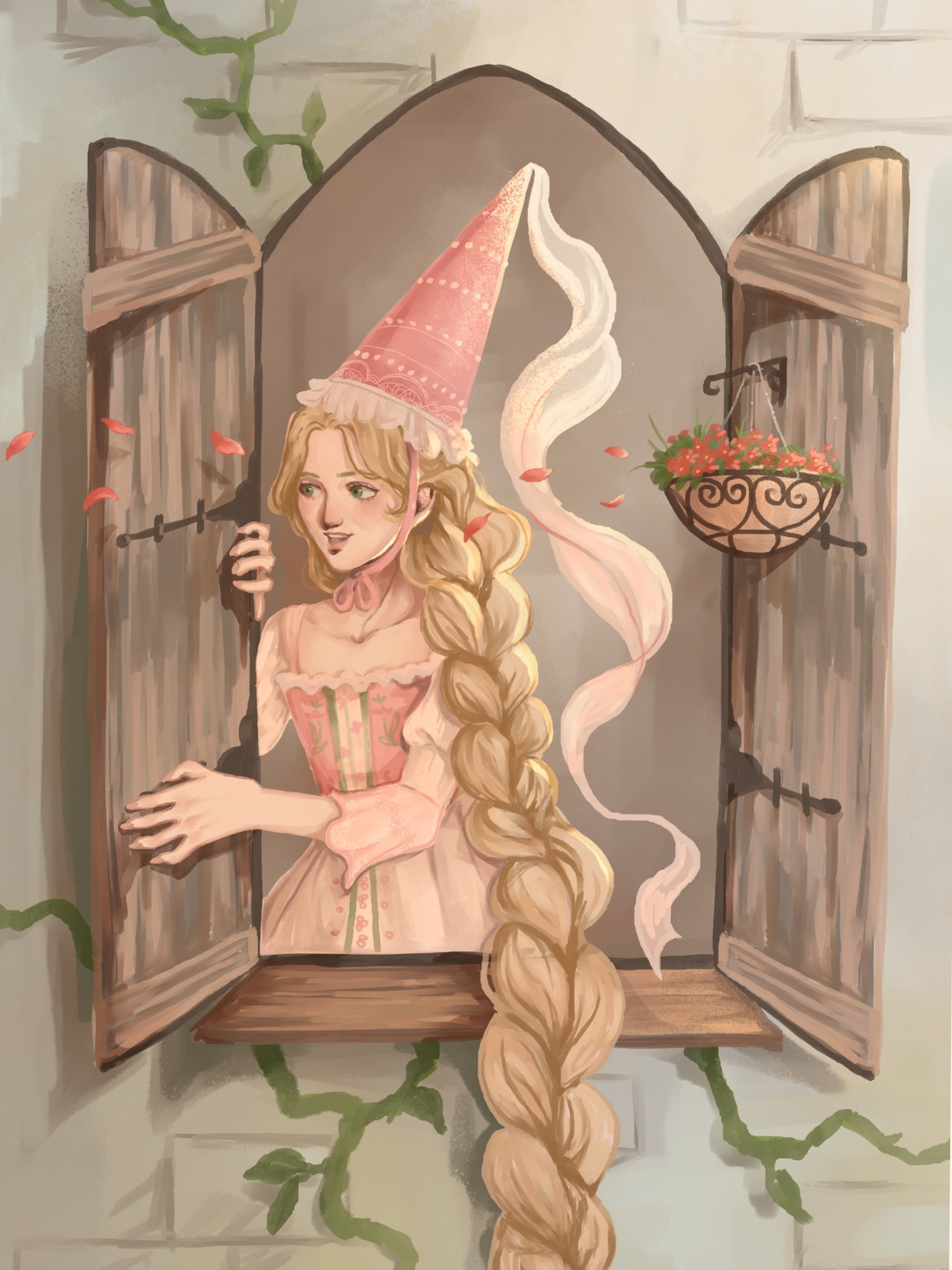 Illustration of blonde woman in pink pointed hat and dress at arched window with brown wooden shutters, green vines, hanging flower basket.