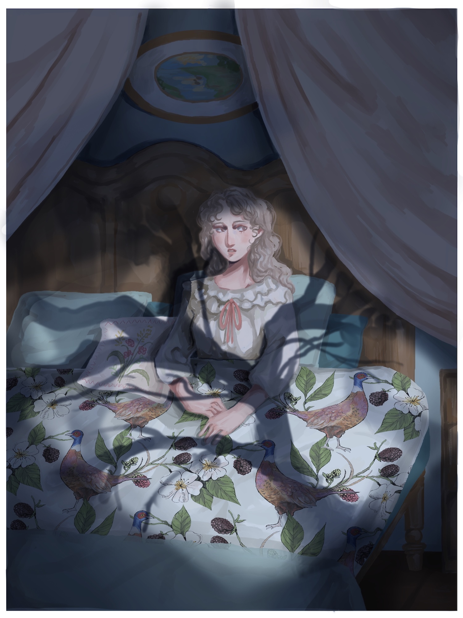 Illustration of blonde figure in white ruffled blouse and dark vest sitting cross-legged under grey tent drapes with floral patterned fabric.