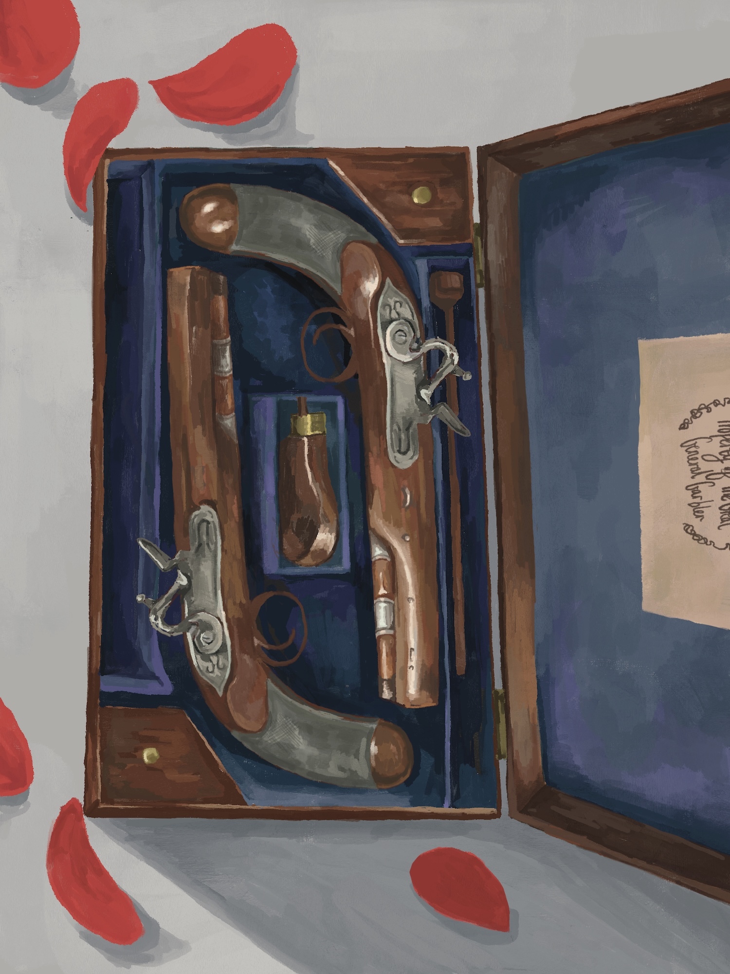 Open wooden box with blue velvet interior containing two antique pistols with brown wooden handles and silver metal parts.