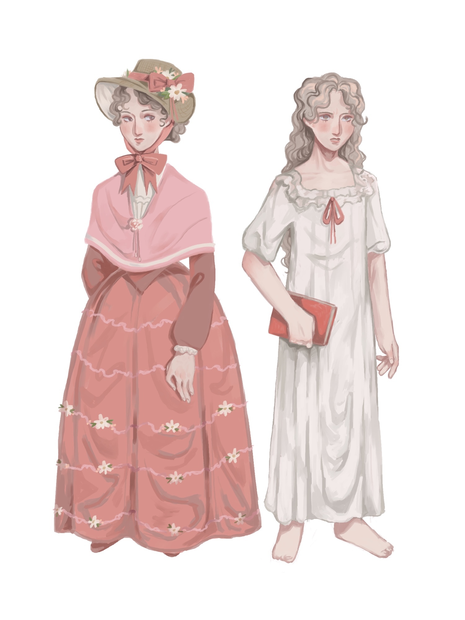 Two illustrated women in period dress: left figure in pink bonnet and coral layered dress with floral embroidery; right in white empire-waist gown holding red book.