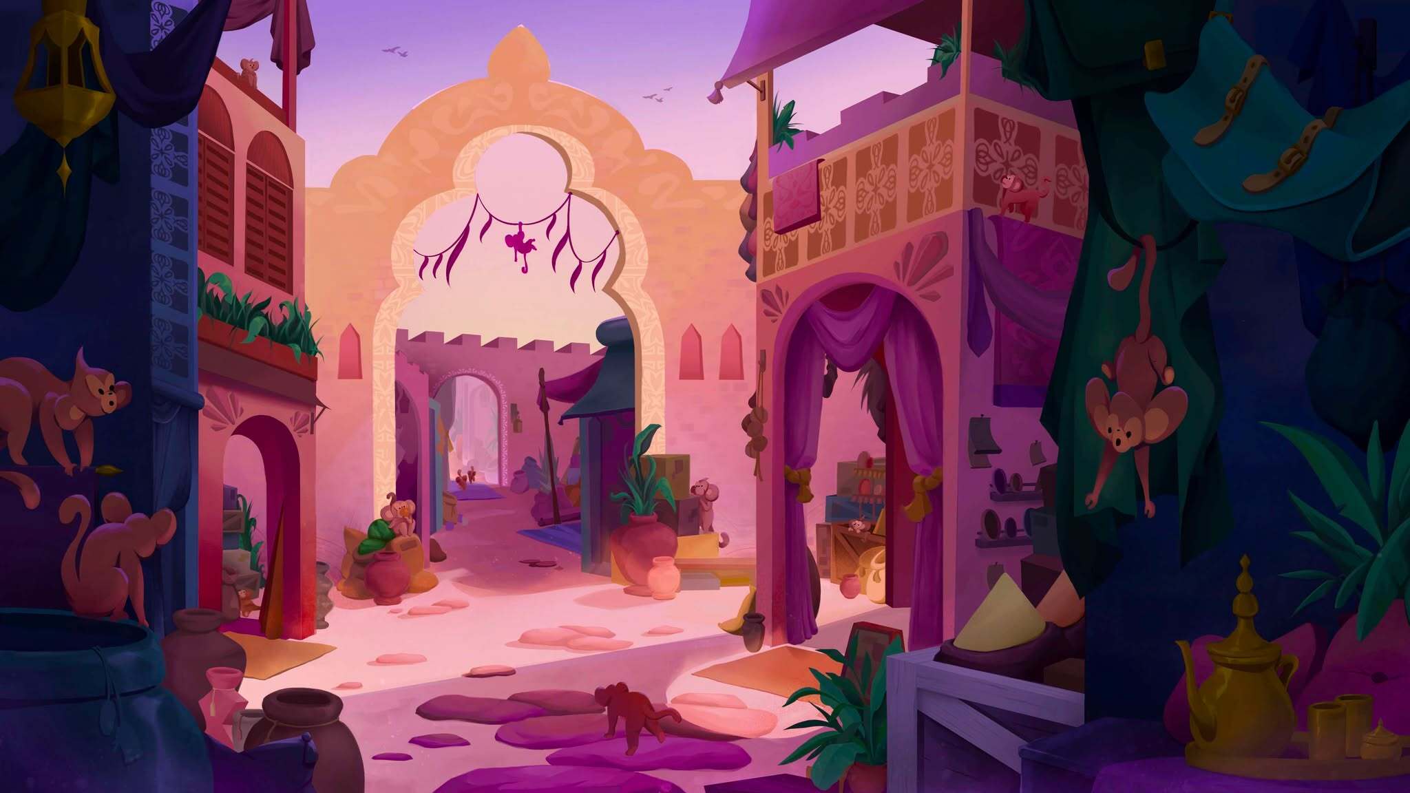 Painted image of a Moroccan inspired bazaar filled with leather bags, spices and trinkets. Several monkeys are running around and playing in the market.