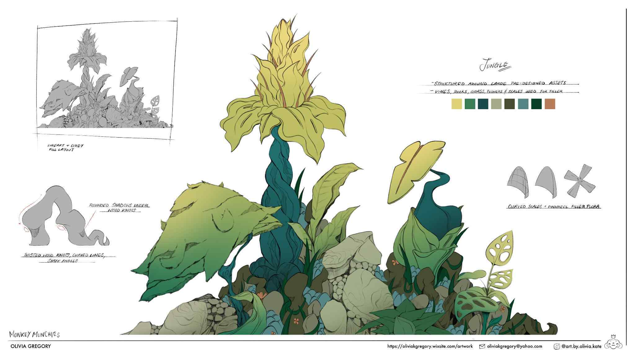 Concept art illustration of a lush jungle environment with large flora and fauna.