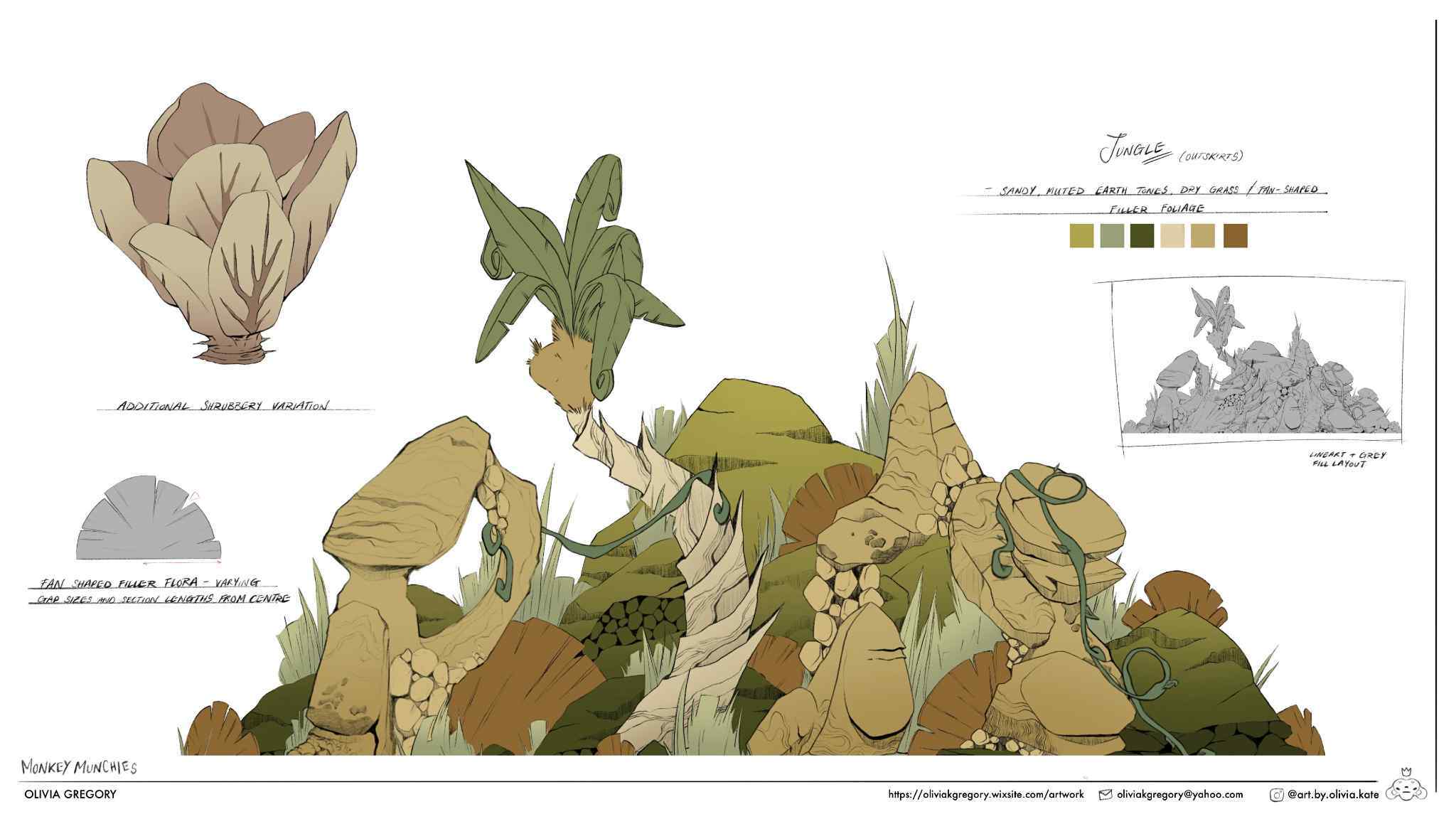 Botanical illustration showing various plant specimens in muted greens and browns, with detailed leaf structures and a colour palette guide in the top right corner.