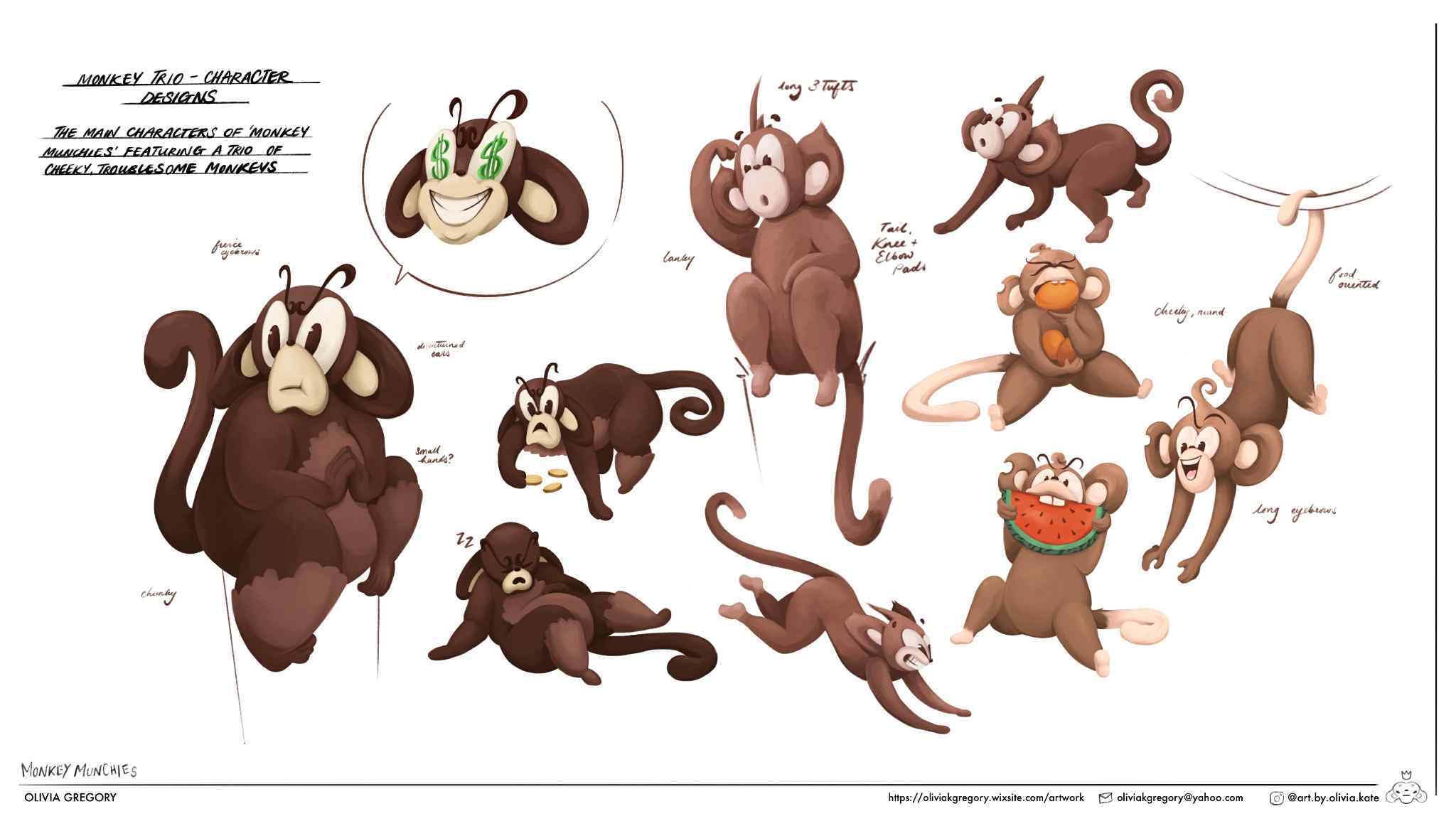 Character design sheet showing various poses of brown monkey characters with long tails, green accents, and annotations in black text.