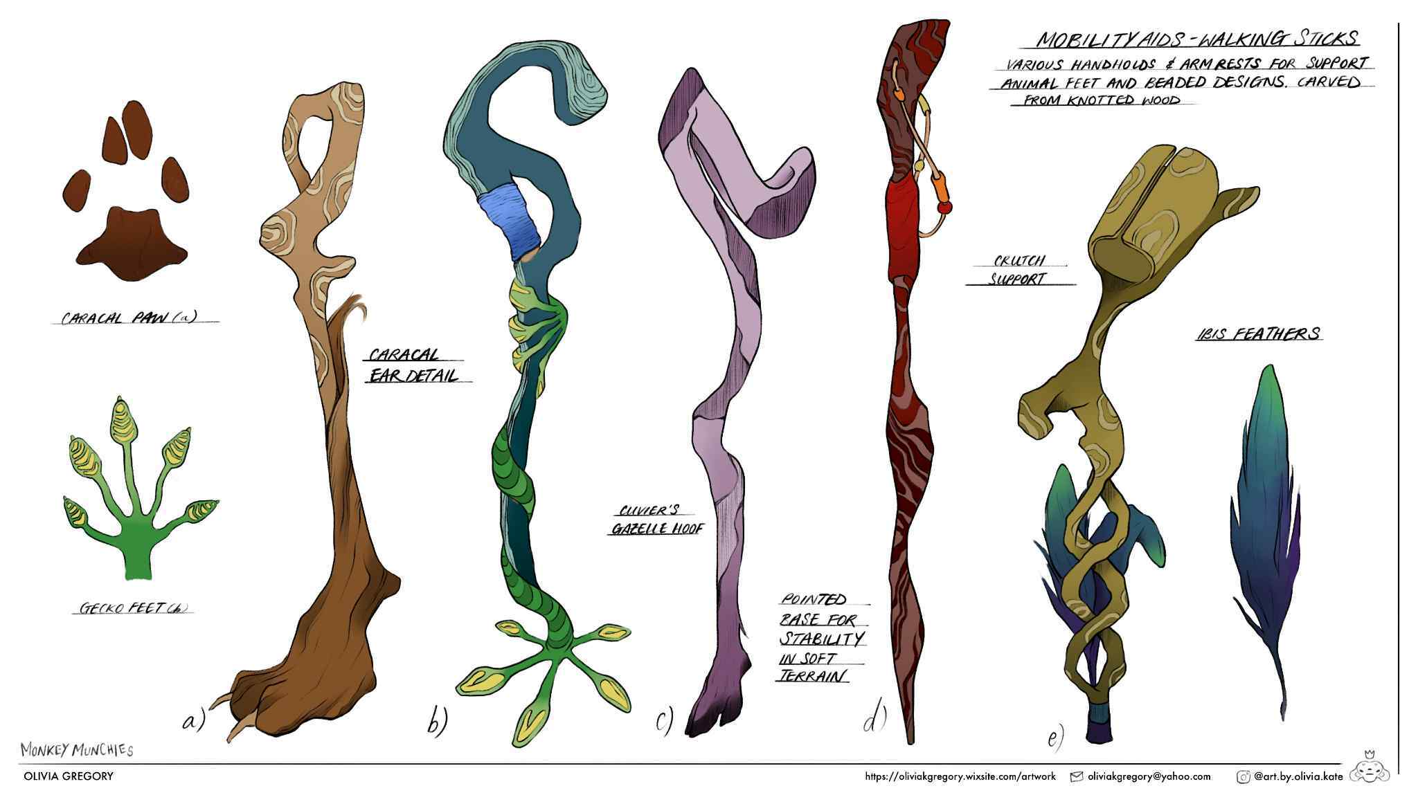 Concept art sheet showing various fantasy staff and wand designs in brown, green, purple, red, and yellow with curved, twisted, and organic shapes.