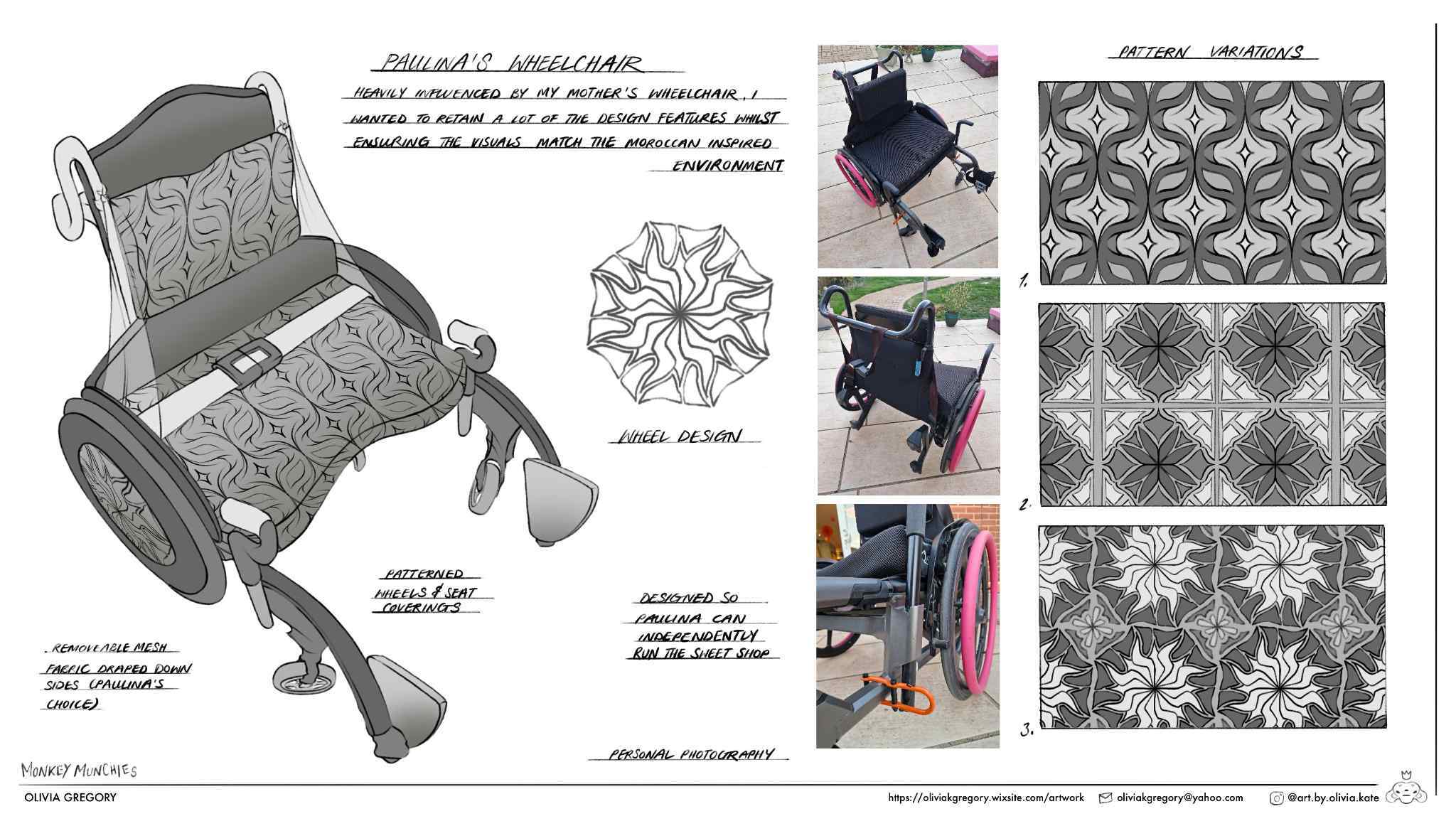 Wheelchair design sketch with geometric patterns, handwritten notes, and reference photos showing grey, black and pink colour schemes.
