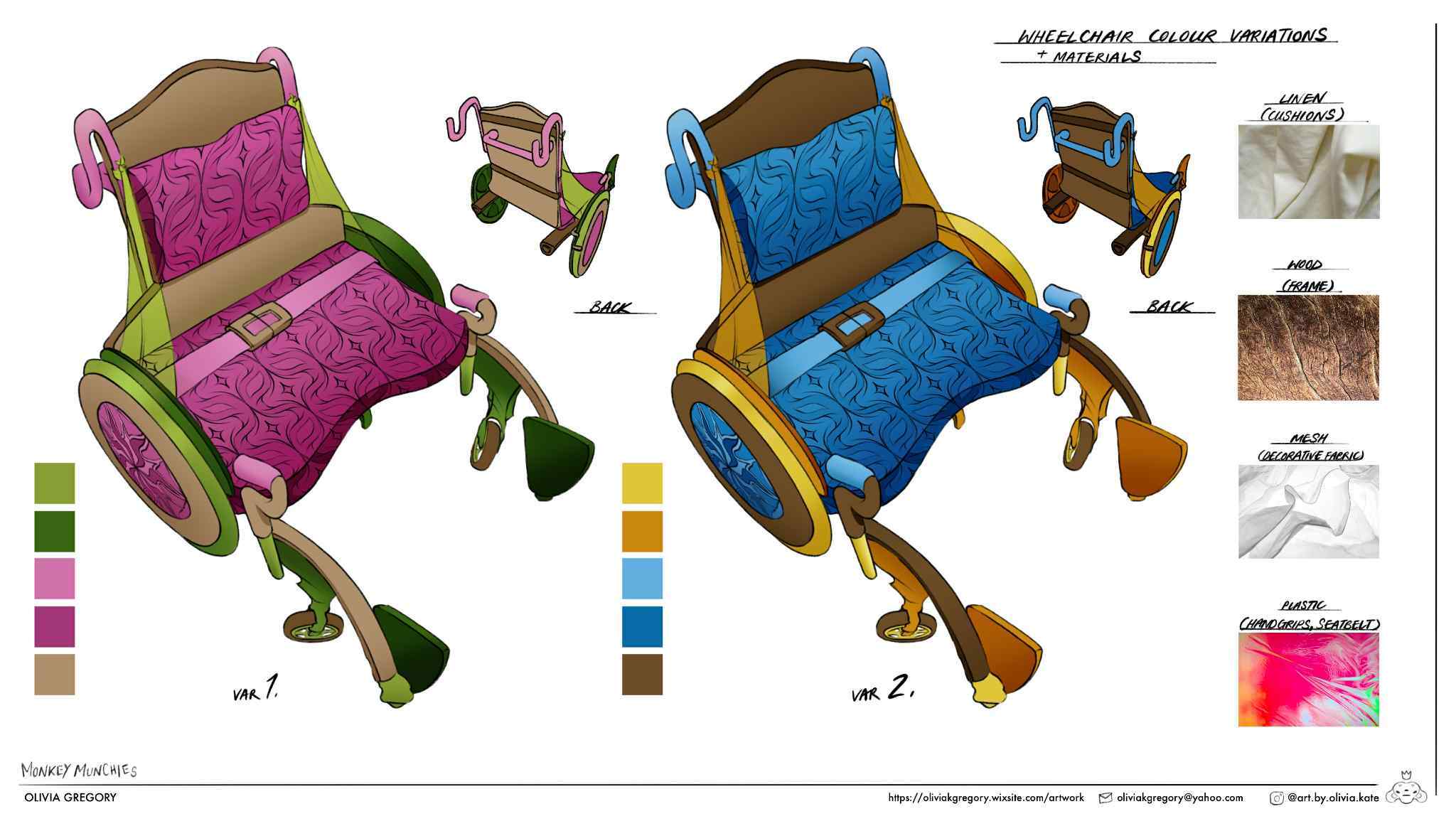 Concept art showing two wheelchair designs with colour variations. Left: green frame with purple upholstery, right: orange frame with blue upholstery.