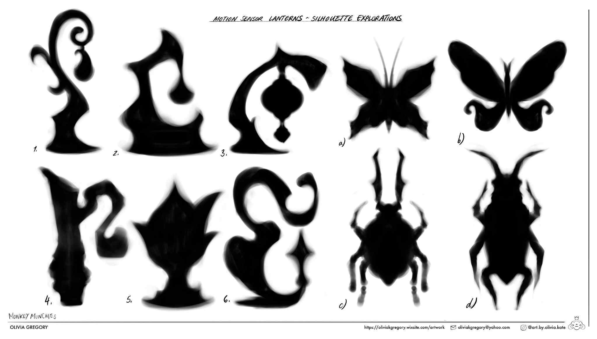 Grid of ten black silhouettes on white background showing abstract shapes including curved forms, butterflies, leaf, and insects.