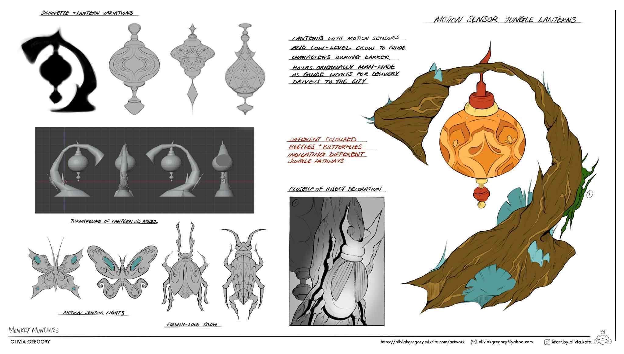 Concept art sheet showing various fantasy game assets: ornate pendants, butterfly designs, character silhouettes, and decorative branch with orange medallion.