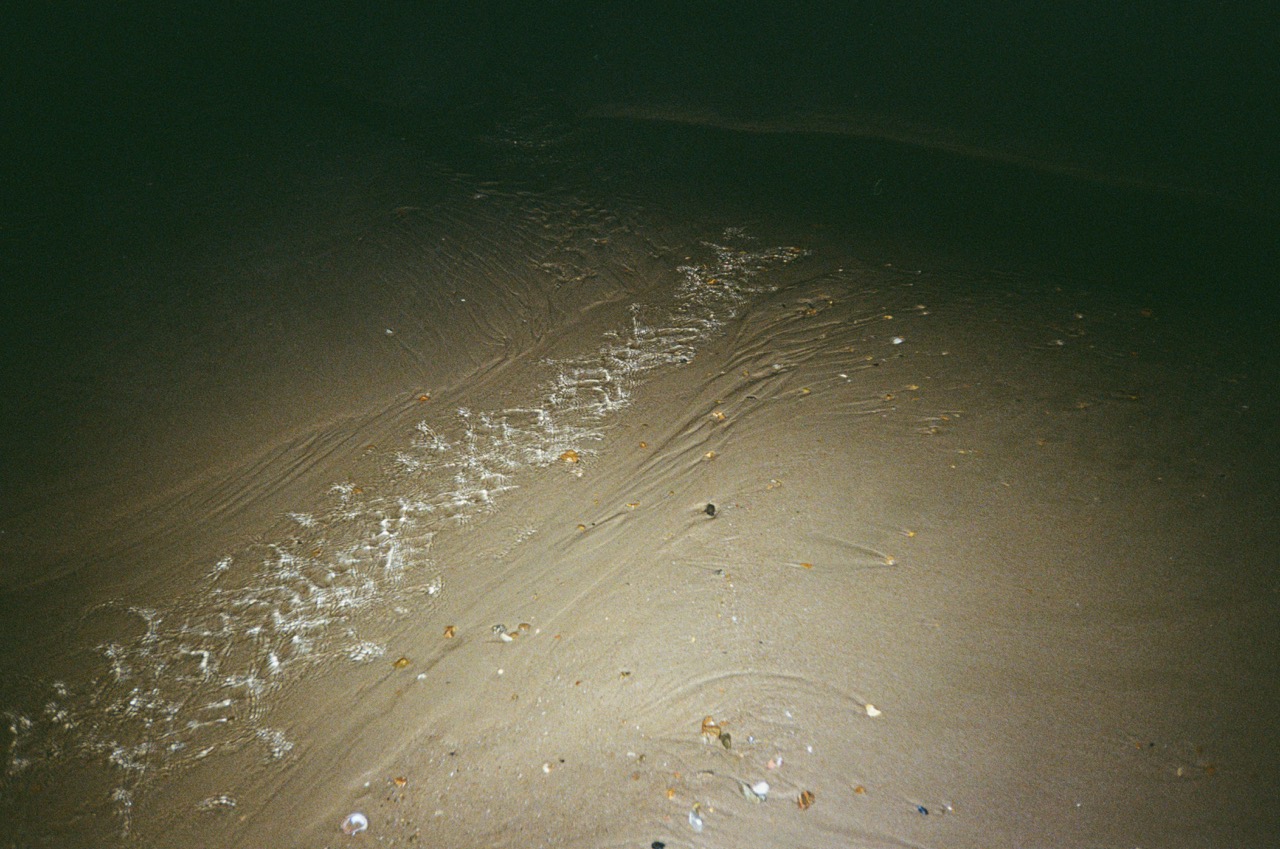 A dark, sandy beach surface with faint waves creating patterns in the sand. Small shells and debris are scattered along the shoreline, reflecting dim light.