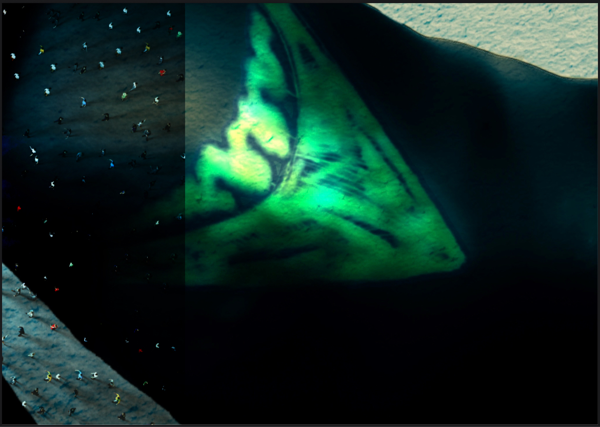 Abstract art with bird's-eye view of people and green light, dark background.