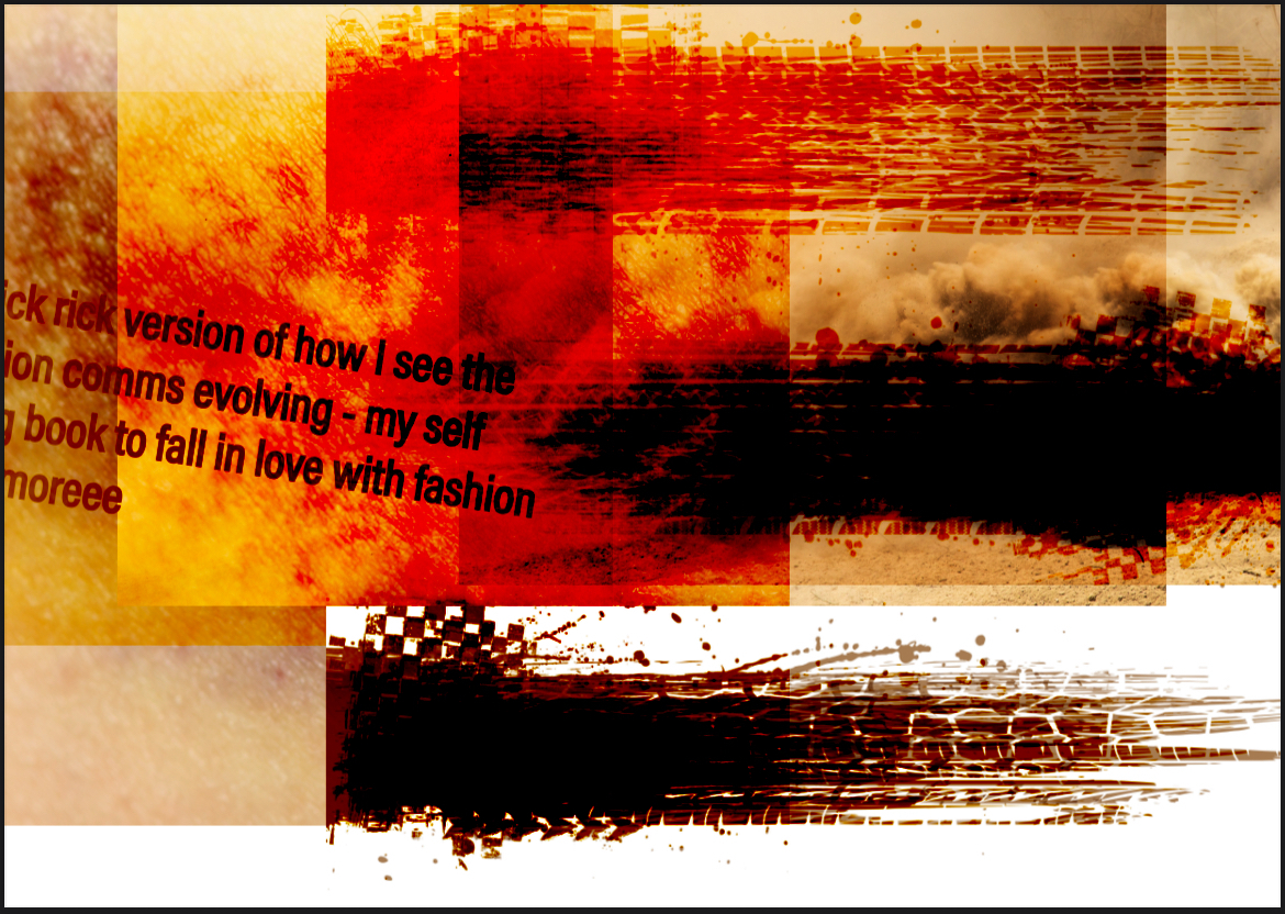 Abstract digital composition with layered red, yellow, and black brushstrokes over fragmented text blocks and geometric shapes.