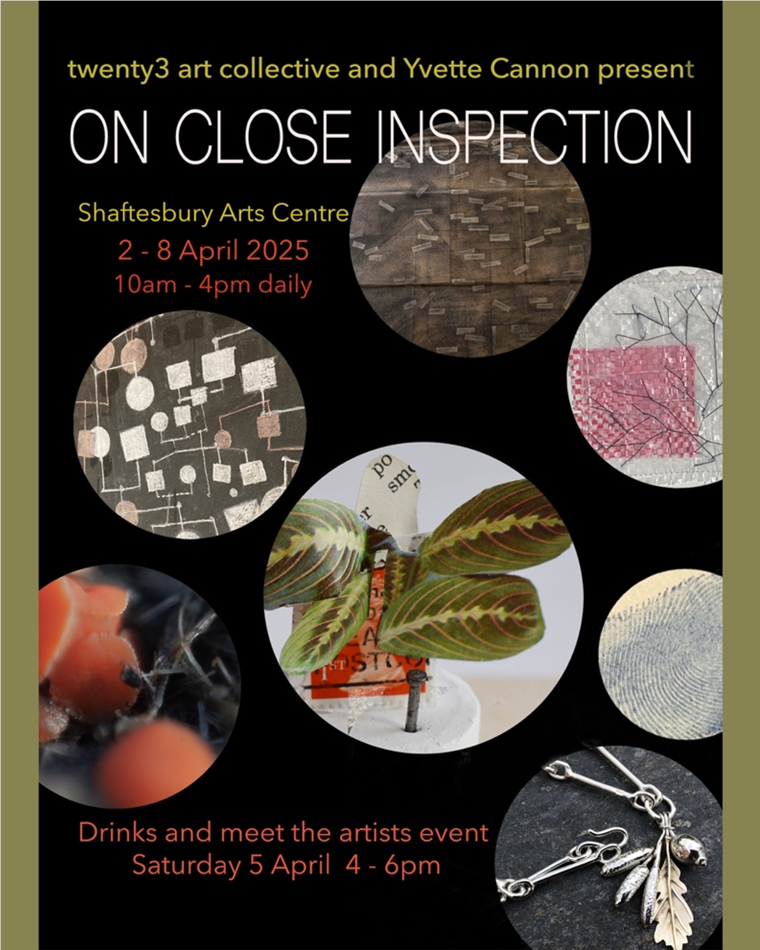 Exhibition poster with black background and beige borders. Seven circular images showing various artworks including collages, textures, and mixed media pieces in earth tones, reds, and greens.