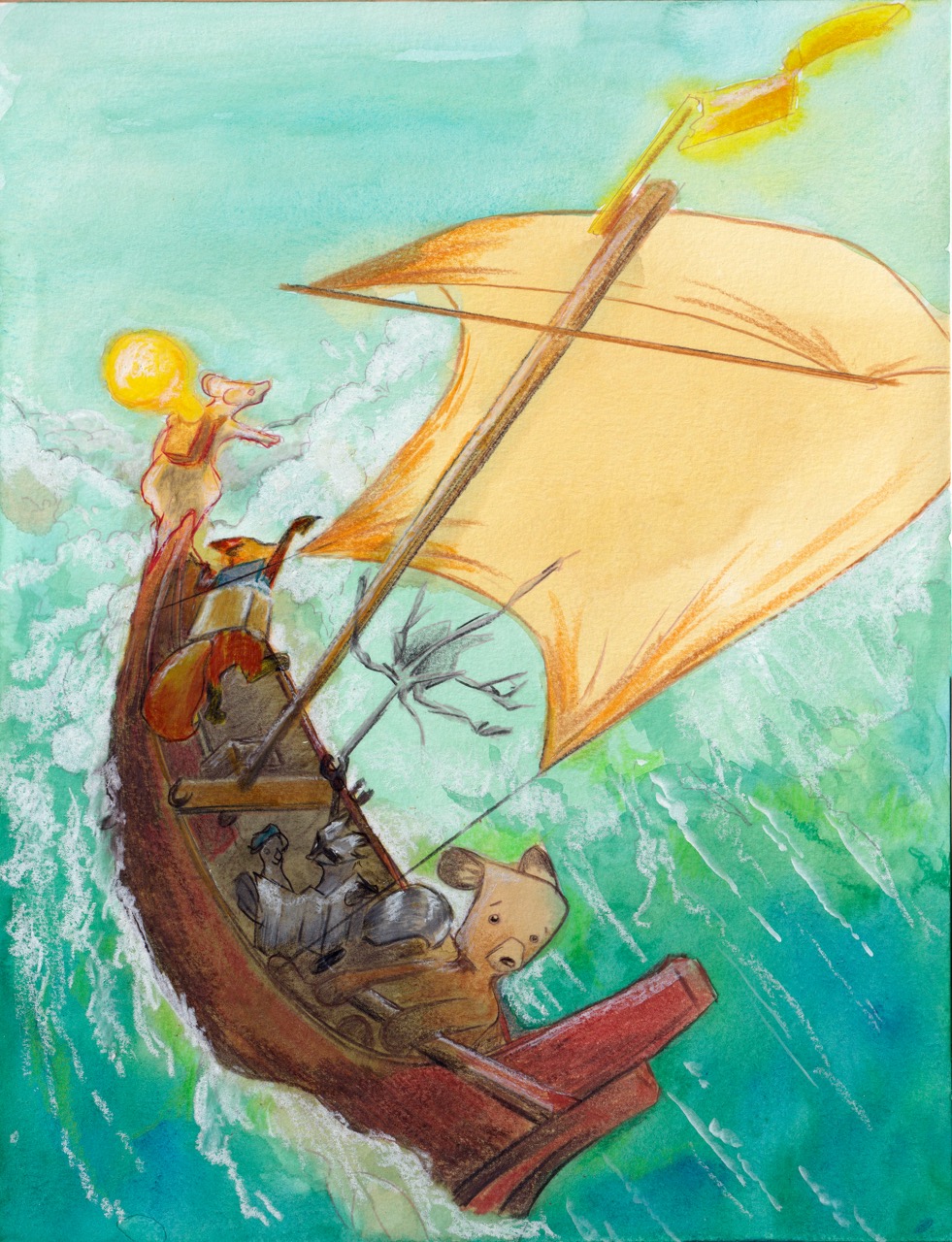 A painted illustration of a small wooden boat with a tan sail riding green-blue waves, with a person standing near the stern and a dog resting in the hull.