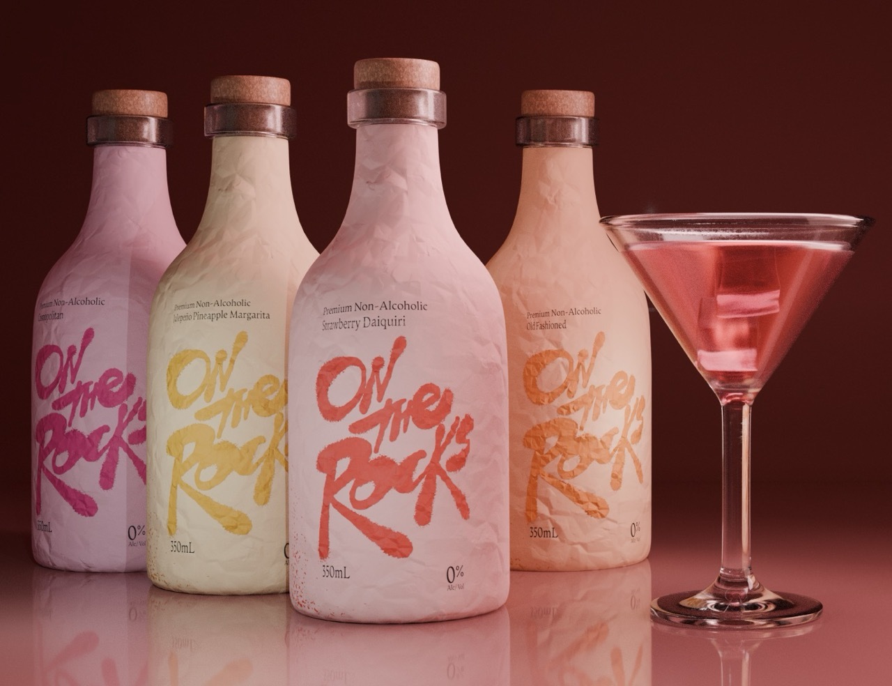 Strawberry Daquiri bottles and a glass called 'On the Rocks' in red, yellow, orange and pink, moody red lighting.