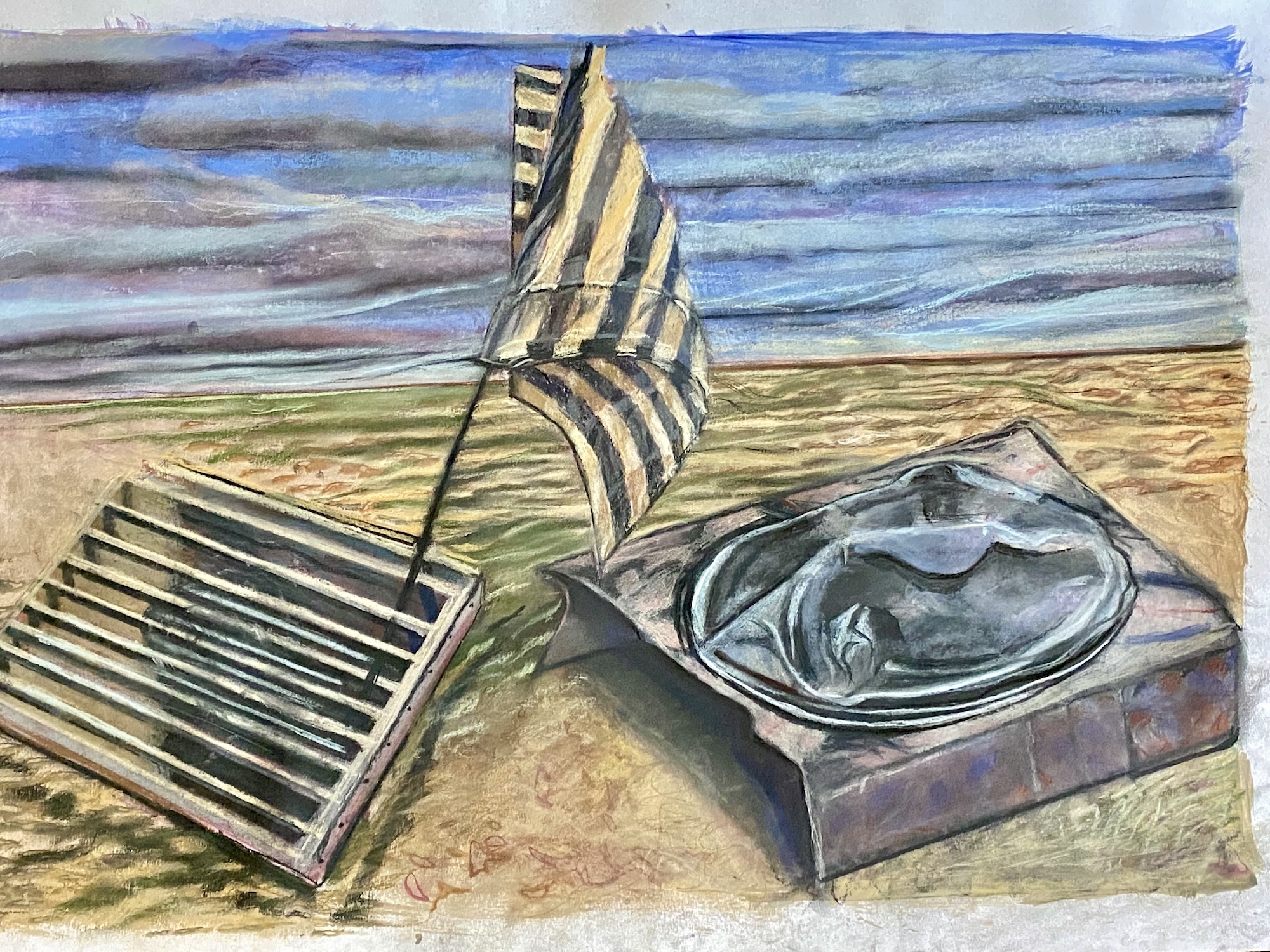 Painting of a blue and white striped flag stuck in a metal grill, next to a box with a crumpled fabric-looking object on top of it.
