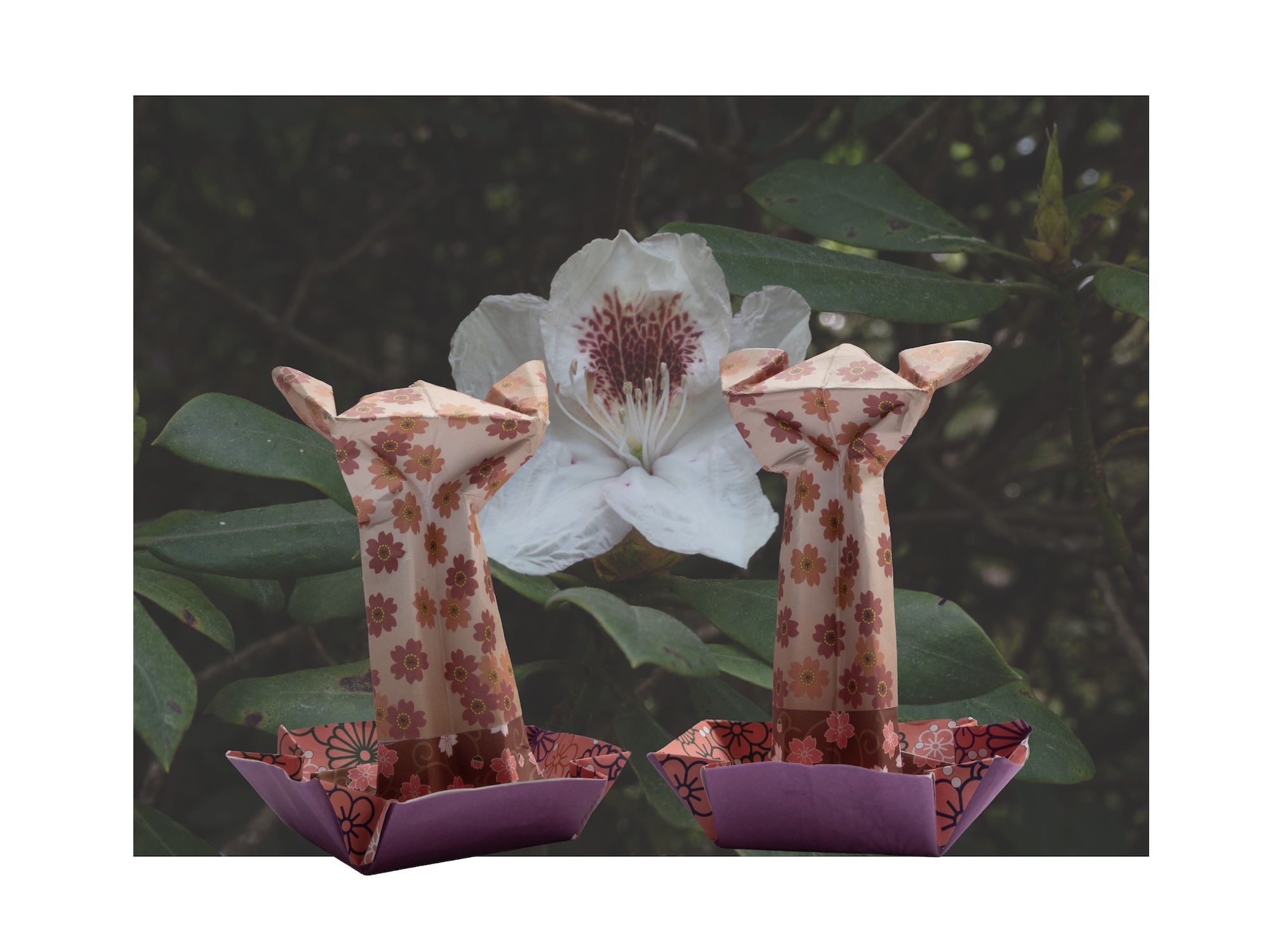 Two floral origami giraffes facing each other in front of a white flower against dark green leaves.