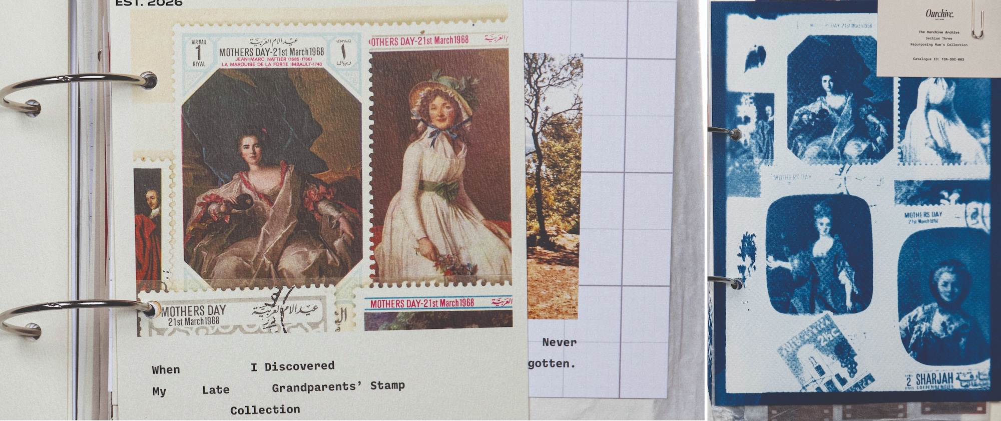 A scrapbook page featuring two vintage stamps depicting women in period dress. Below the stamps, text reads, 'When I discovered my late grandparents' stamp collection.' On the right, images of black-and-white vintage photographs are arranged in a grid.