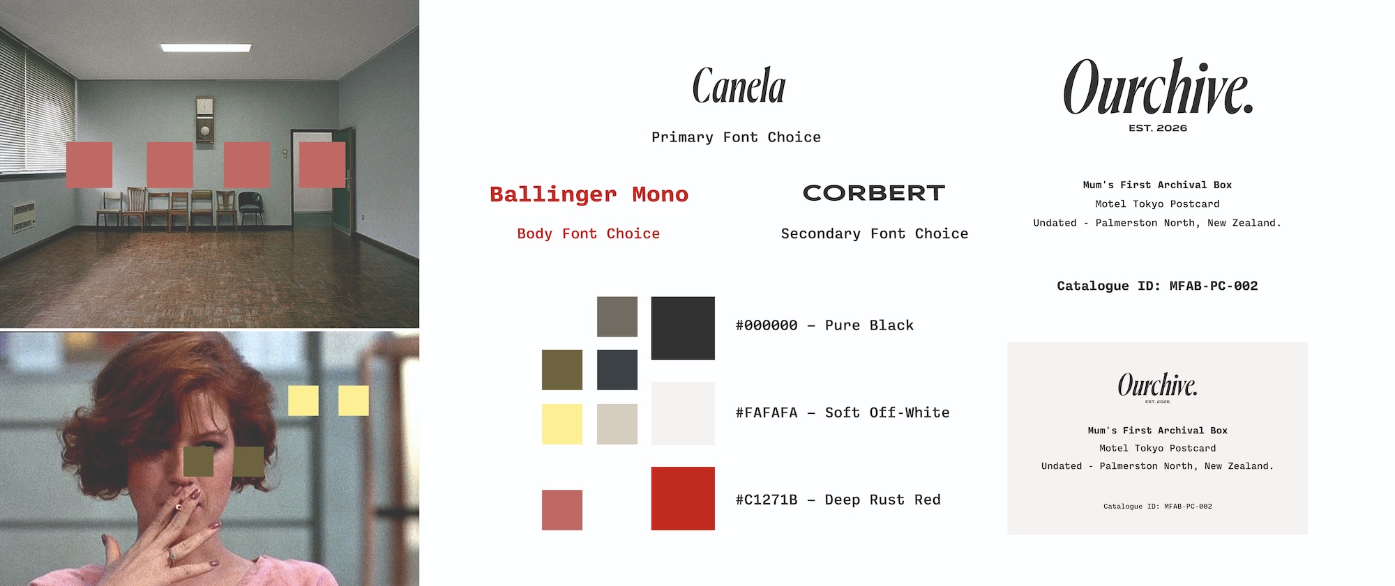 On the left, a woman with reddish-brown hair holds a phone partially covering her face in a bright room. On the right, a colour palette and typography choices are displayed, including font names and hex codes on a white background.