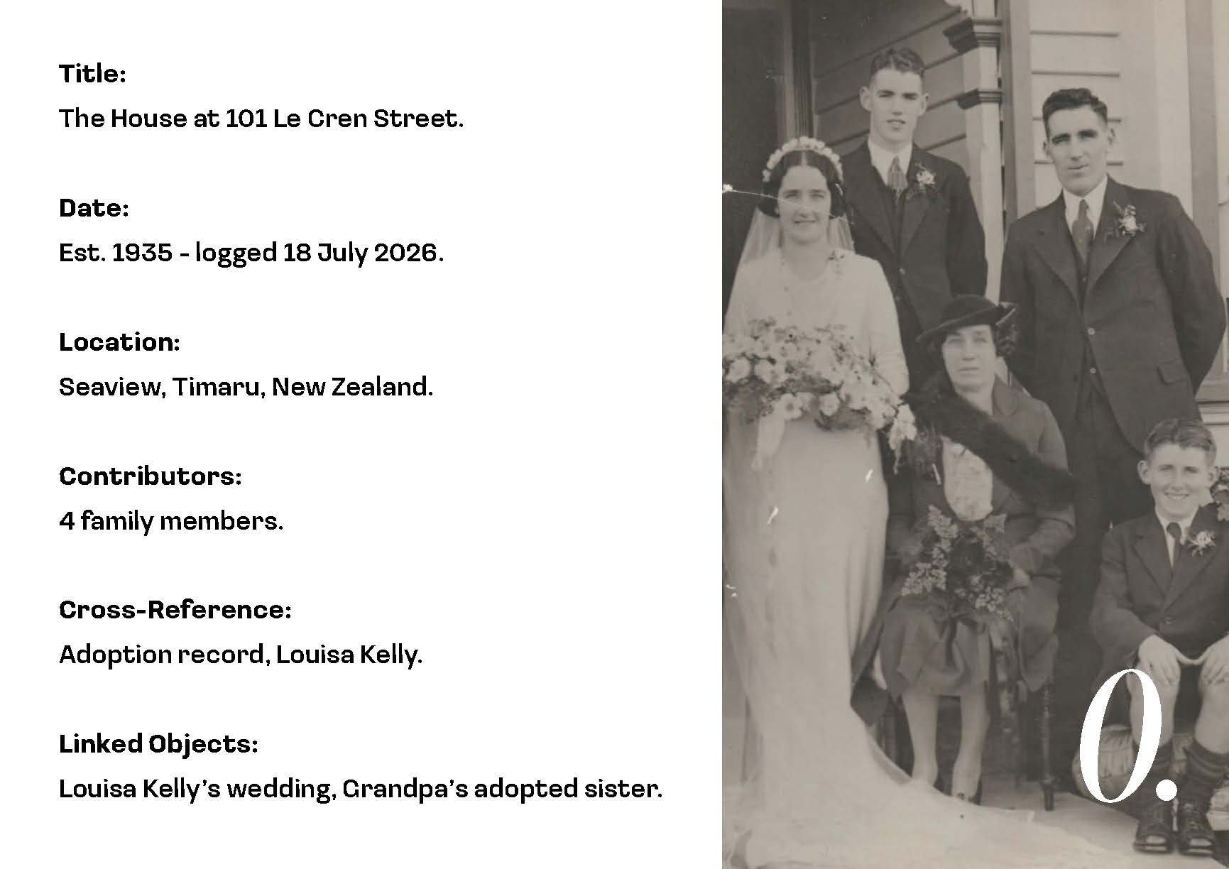 A vintage black and white photograph featuring a bride with a bouquet standing beside a seated man in a suit, two men in formal attire, and a boy dressed in a suit. Text on the side provides details about the house, its establishment date, location, and contributors.
