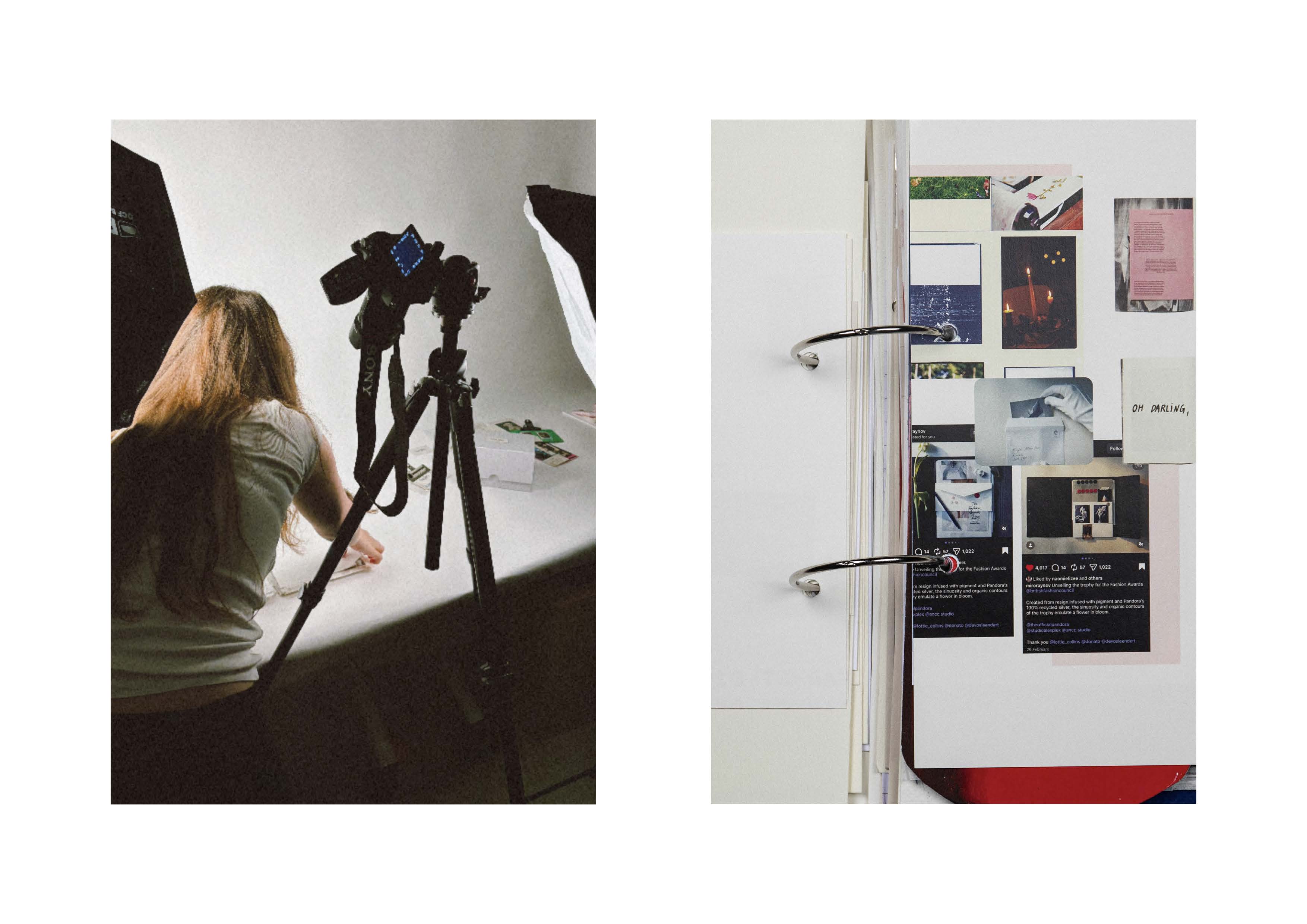 On the left, a woman with long hair is adjusting a camera setup on a table, surrounded by softbox lights. On the right, a binder is open, displaying various printed images and colour swatches arranged in an organised manner.
