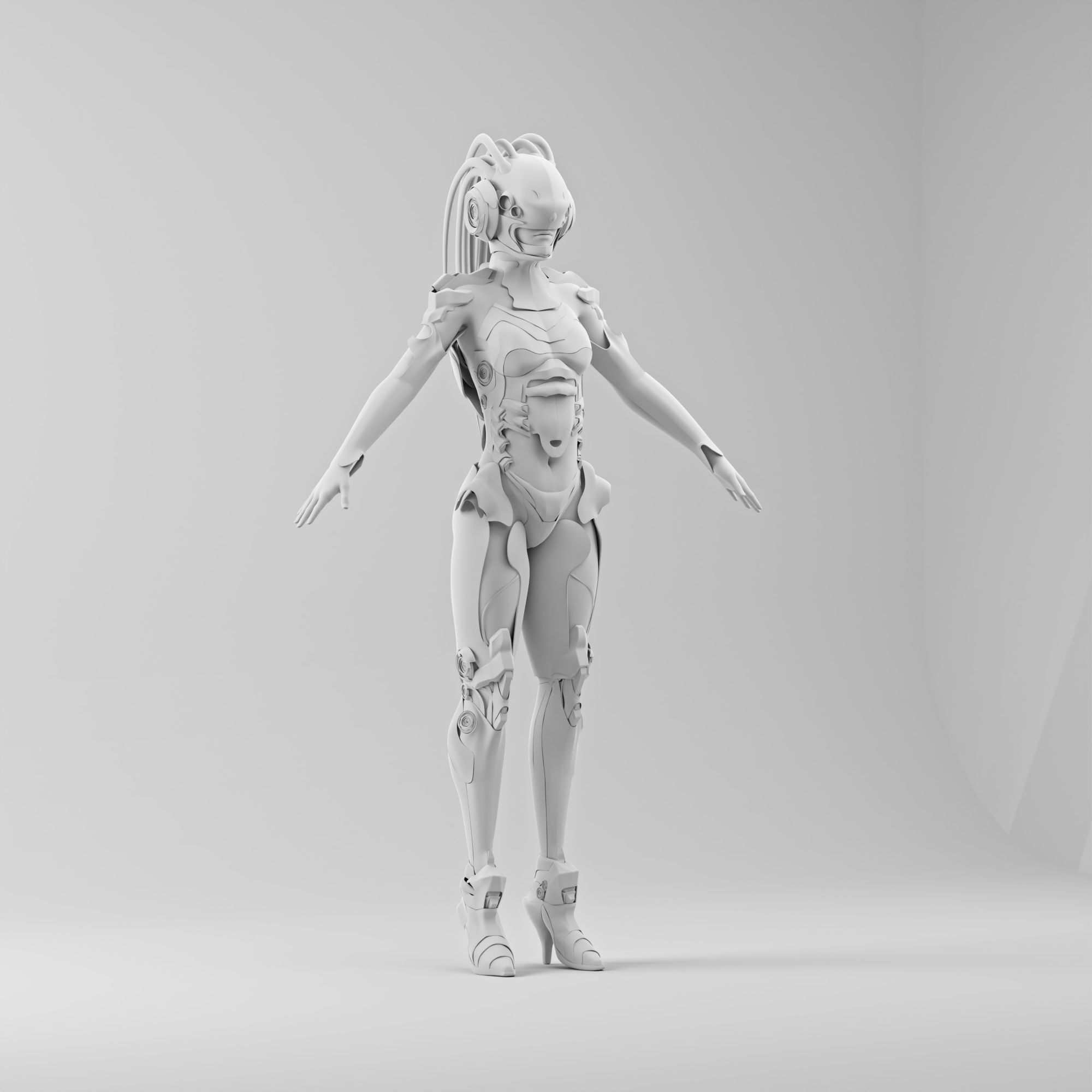 Digital model of a figure wearing science fiction-inspired costume. The model is all greyed out.