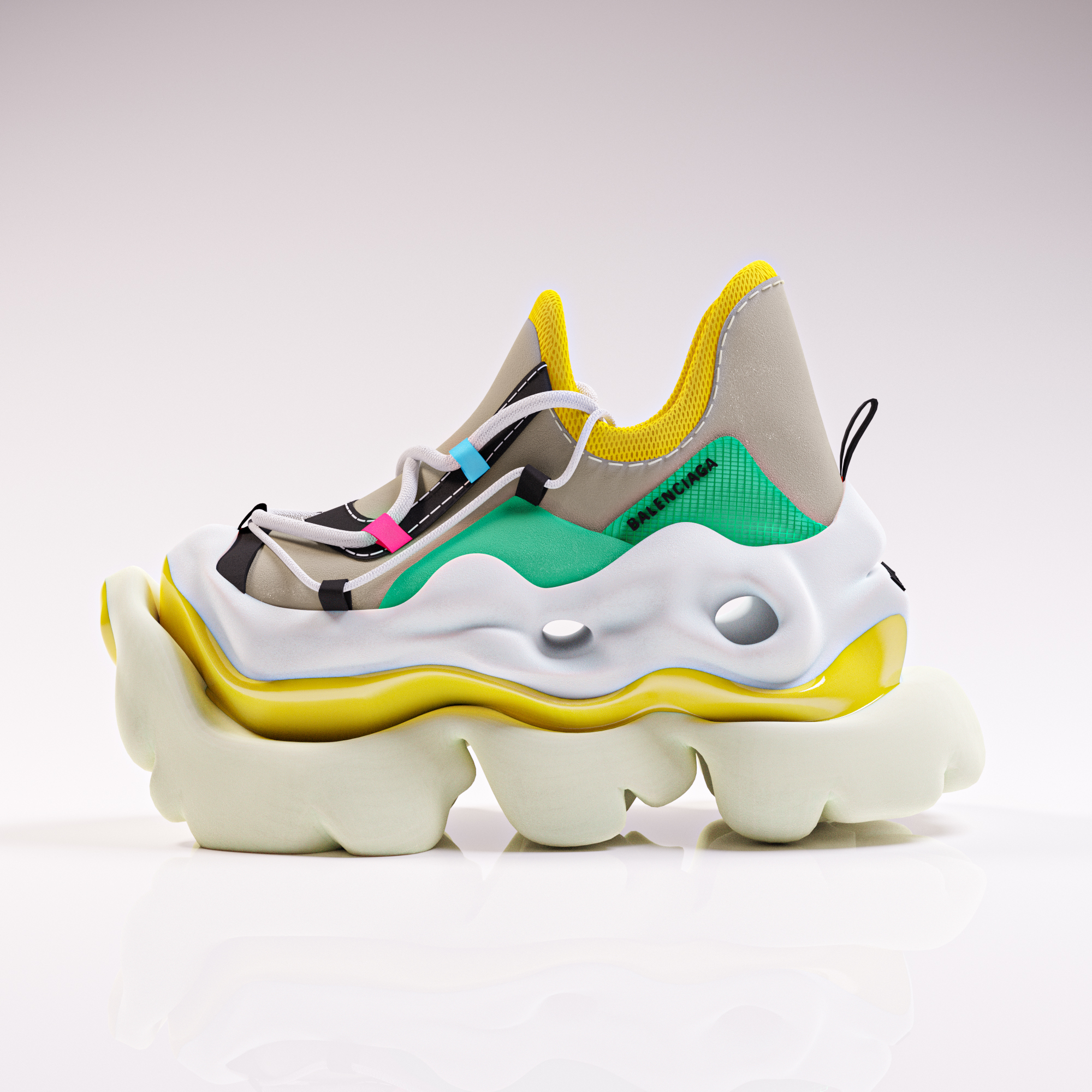 A virtual reality shoe, viewed from the side facing to the left.