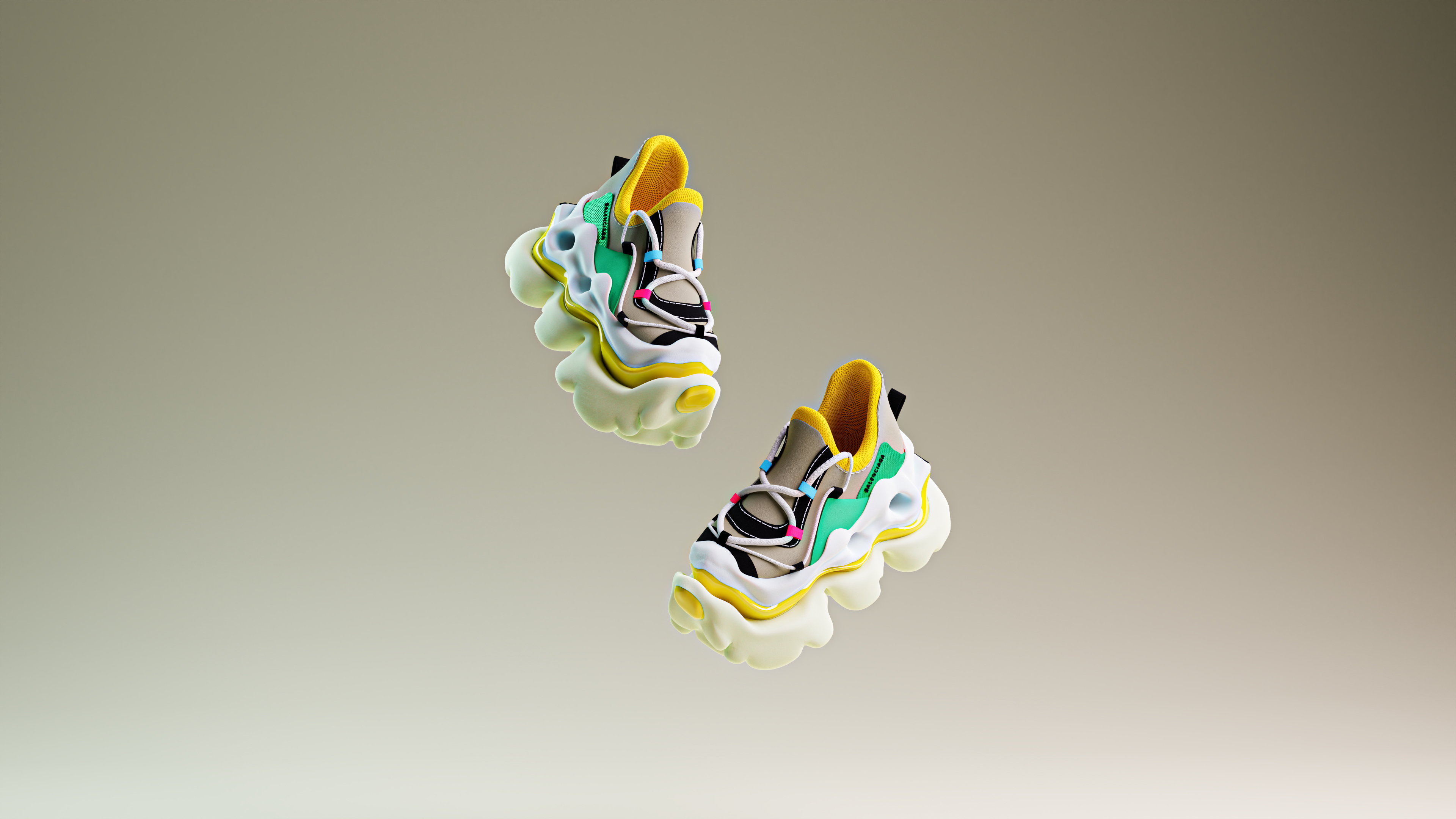 A pair of virtual reality shoes, floating against a plain background, facing inward on a diagonal towards each other.