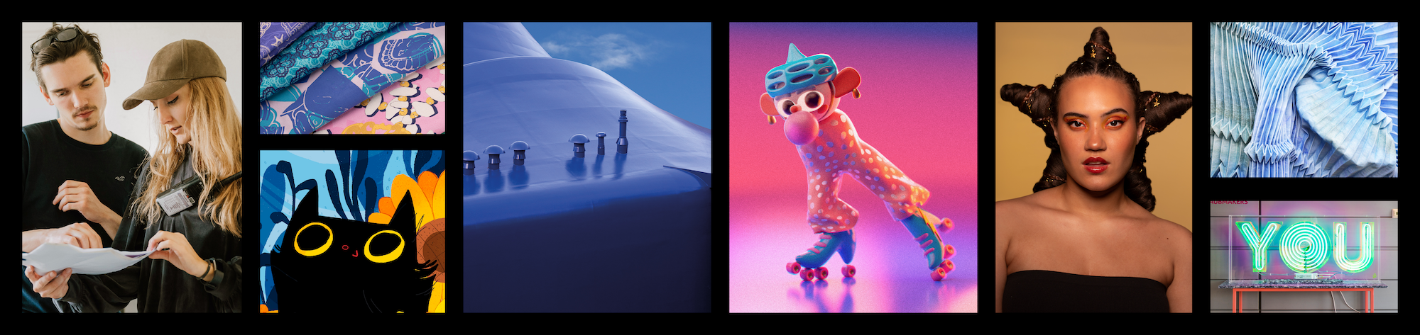 Grid of seven images: couple embracing, blue abstract face, snowy mountain landscape, pink figure with purple elements, woman in brown top, blue-green flowing lines, green "YOU" text.