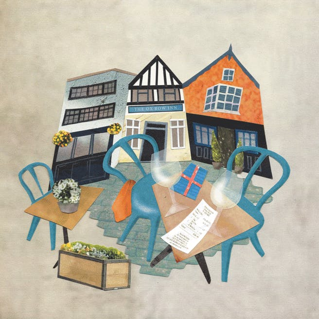 Illustration of 3 building attached and a staircase leading to them