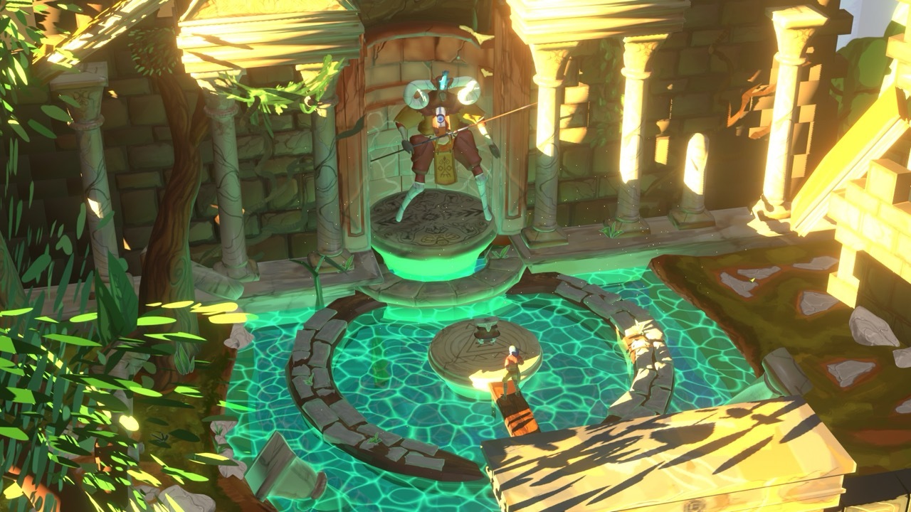 3D render of a temple scene with illuminated green water, shadows and a character stood in front of a large statue.