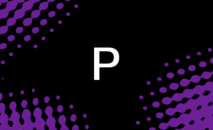 Black and purple banner with the white text "P" in the centre.