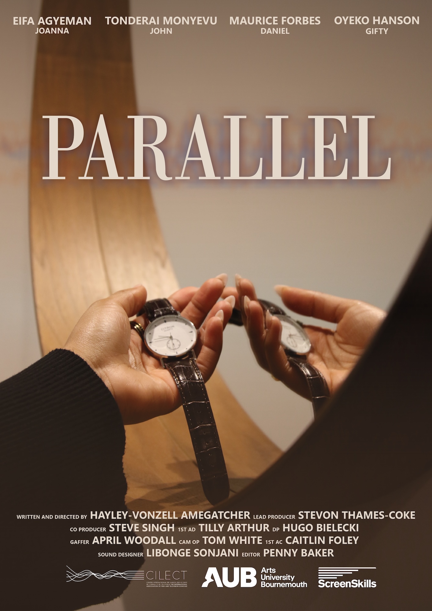 A film poster for "PARALLEL" featuring a close-up of two hands wearing watches. The background shows curved wood and contains text with the film's title, cast, and crew credits. The overall design is minimalistic and modern.