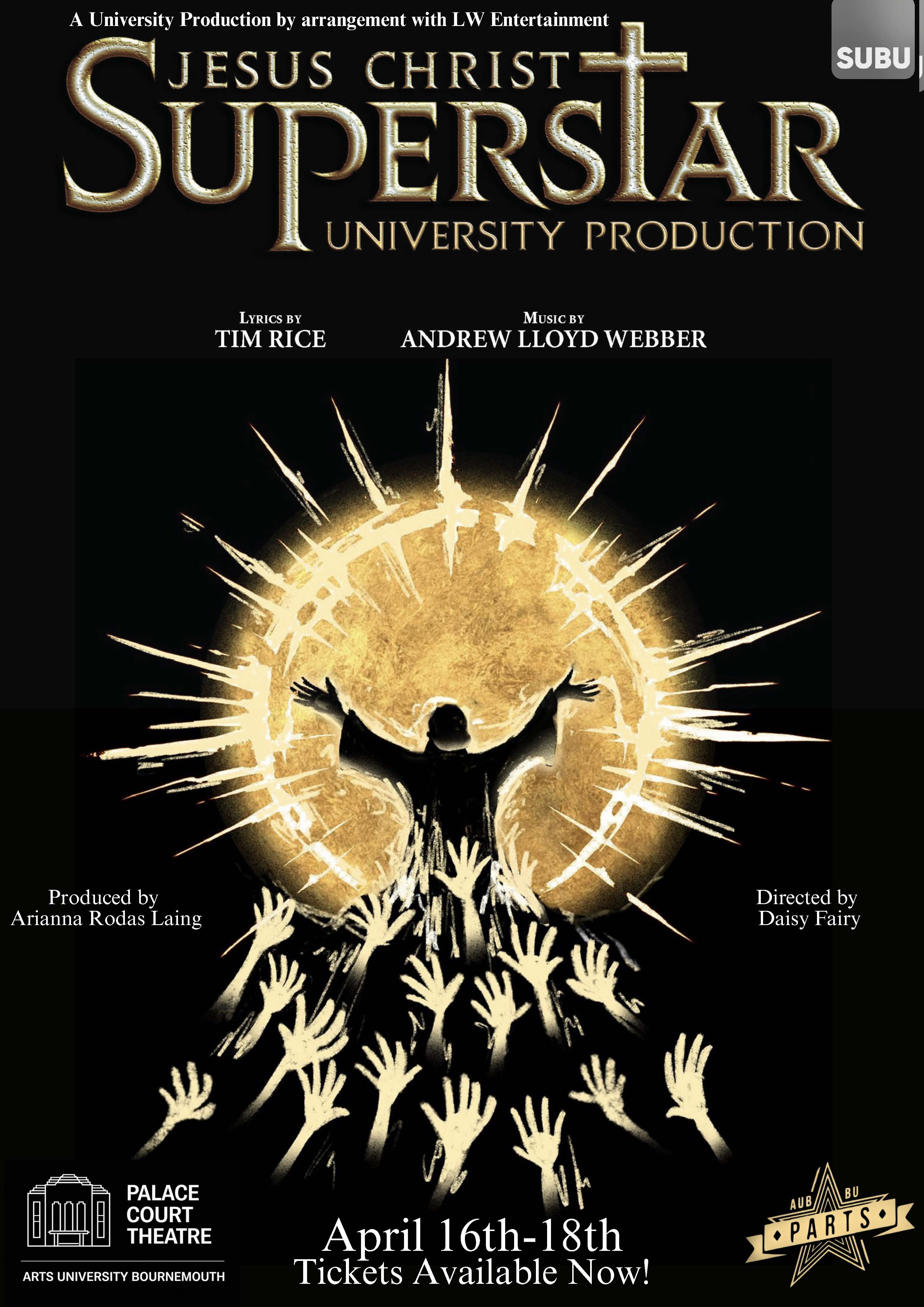 Black poster with golden sun radiating white rays behind silhouetted figure with raised arms. Multiple hands reaching upward below. Gold text at top, white text throughout on dark background.