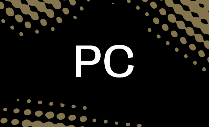 Black and gold banner with the white text "PC" in the centre.