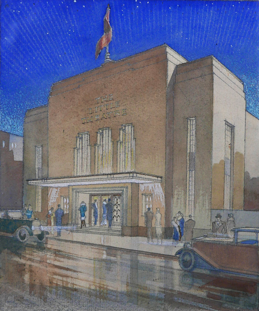 Watercolour of the exterior of the Palace Court Theatre building in Bournemouth.