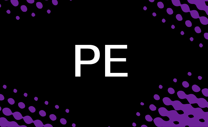 Black tile with purple pixellated accents and the initials PE in the centre.