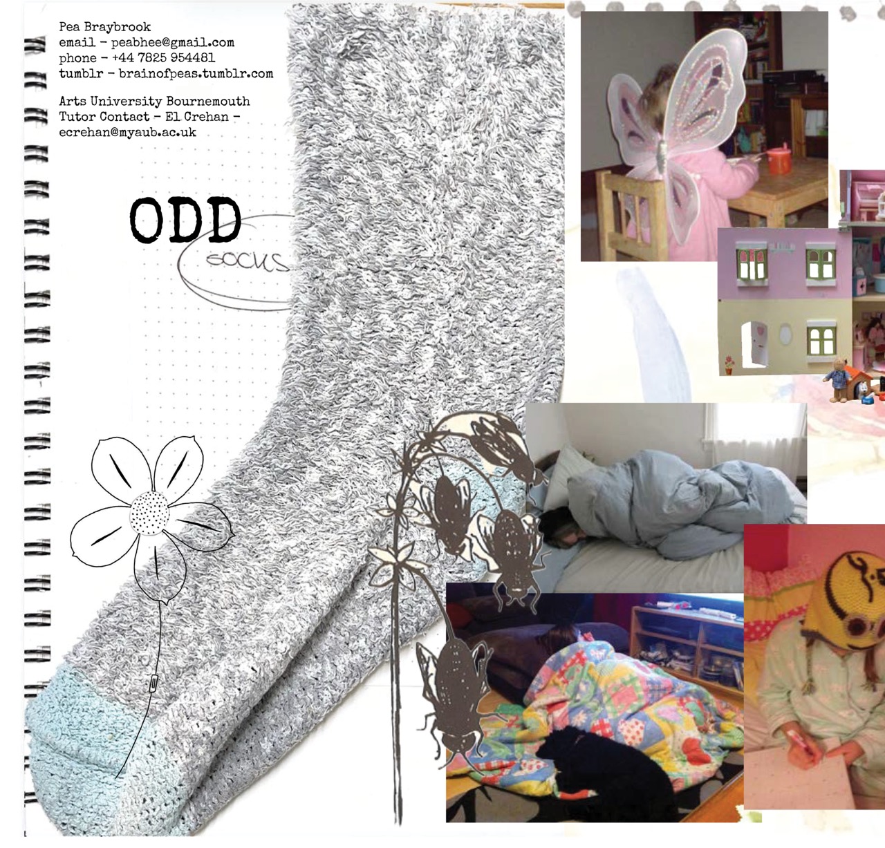 A collage page featuring a large grey knitted sock and hand-drawn flowers, with several small photos of people in costumes and lying asleep on beds in the background.