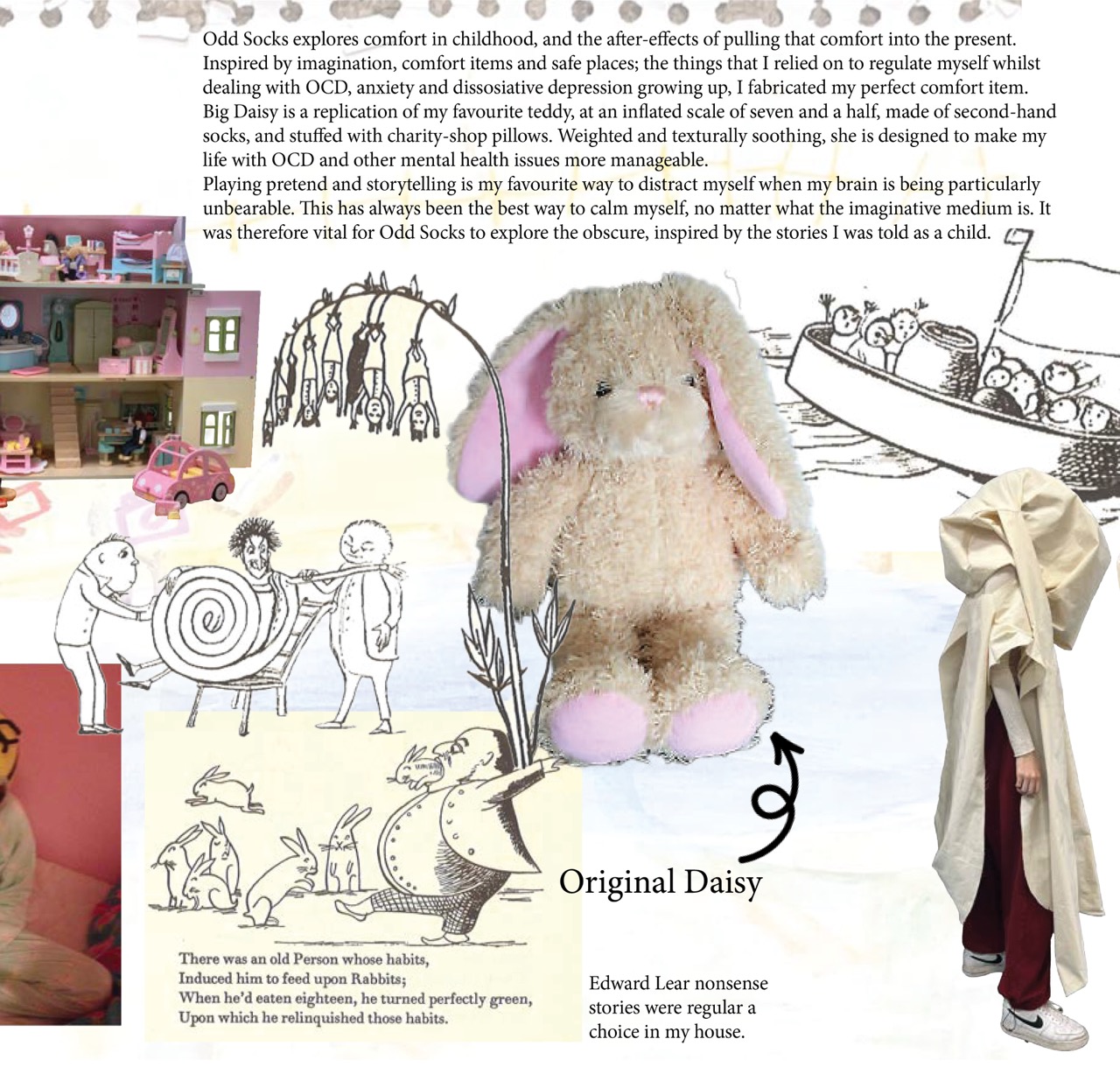 A collage featuring a beige plush rabbit named Original Daisy, sketches of children and animals, and a draped outfit beside a toy dollhouse on a white background.