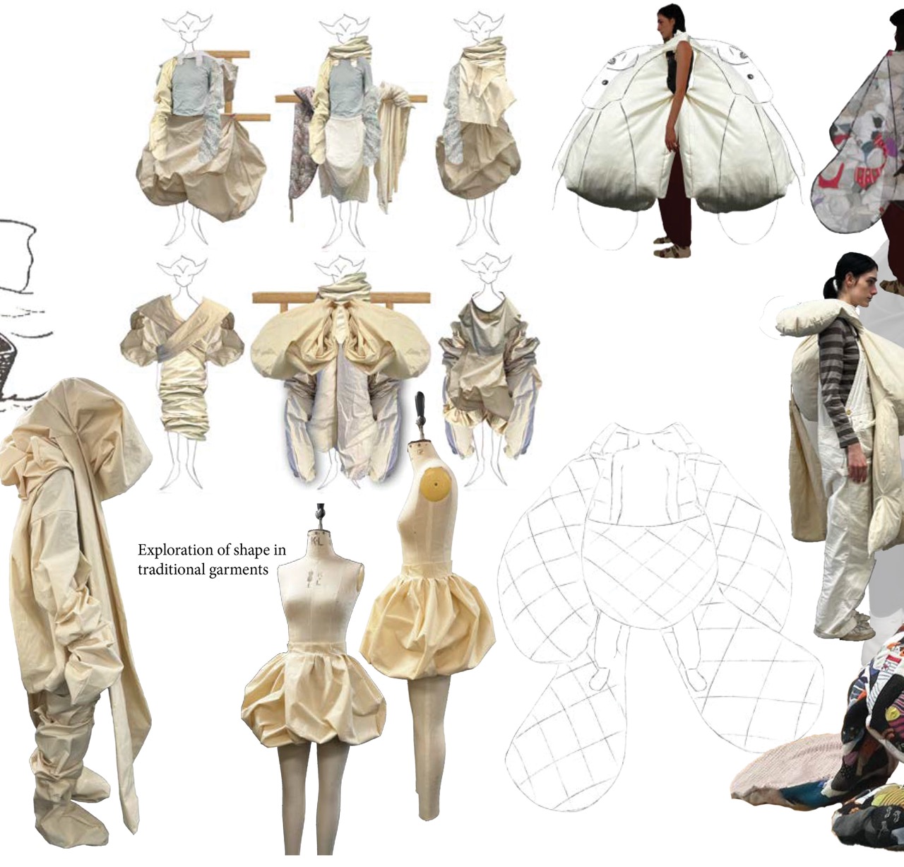 A collage of avant-garde beige garment and dress designs on mannequins and models, with sketches and the text 'Exploration of shape in traditional garments' on a white background.