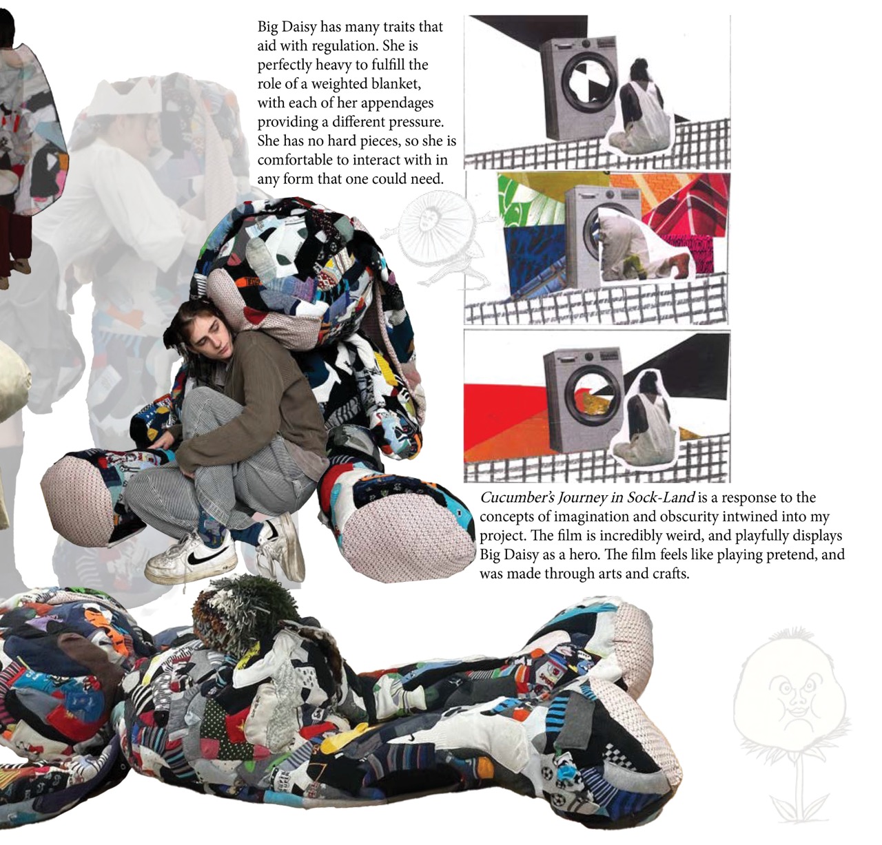 A collage shows a woman curled inside a patchwork, blanket-like costume with a large reclining figure below, alongside small storyboard-style frames and explanatory text on a white background.