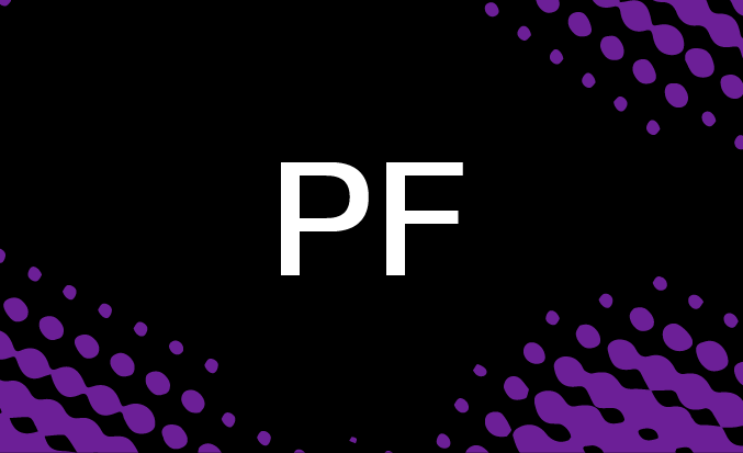 Black tile with purple pixellated accents and the initials PF in the centre.
