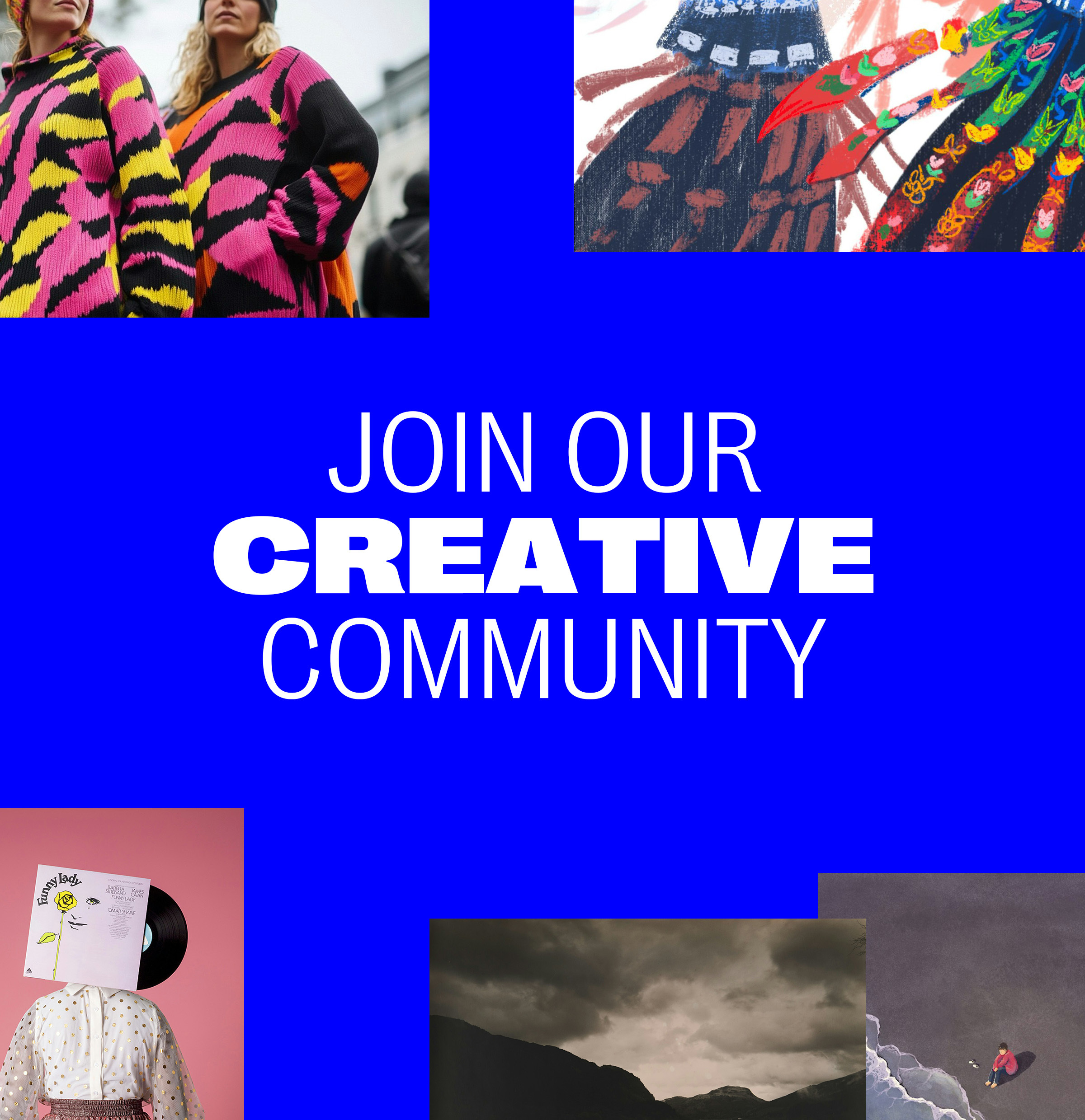 Blue banner with white text in the centre reading "Join our creative community"