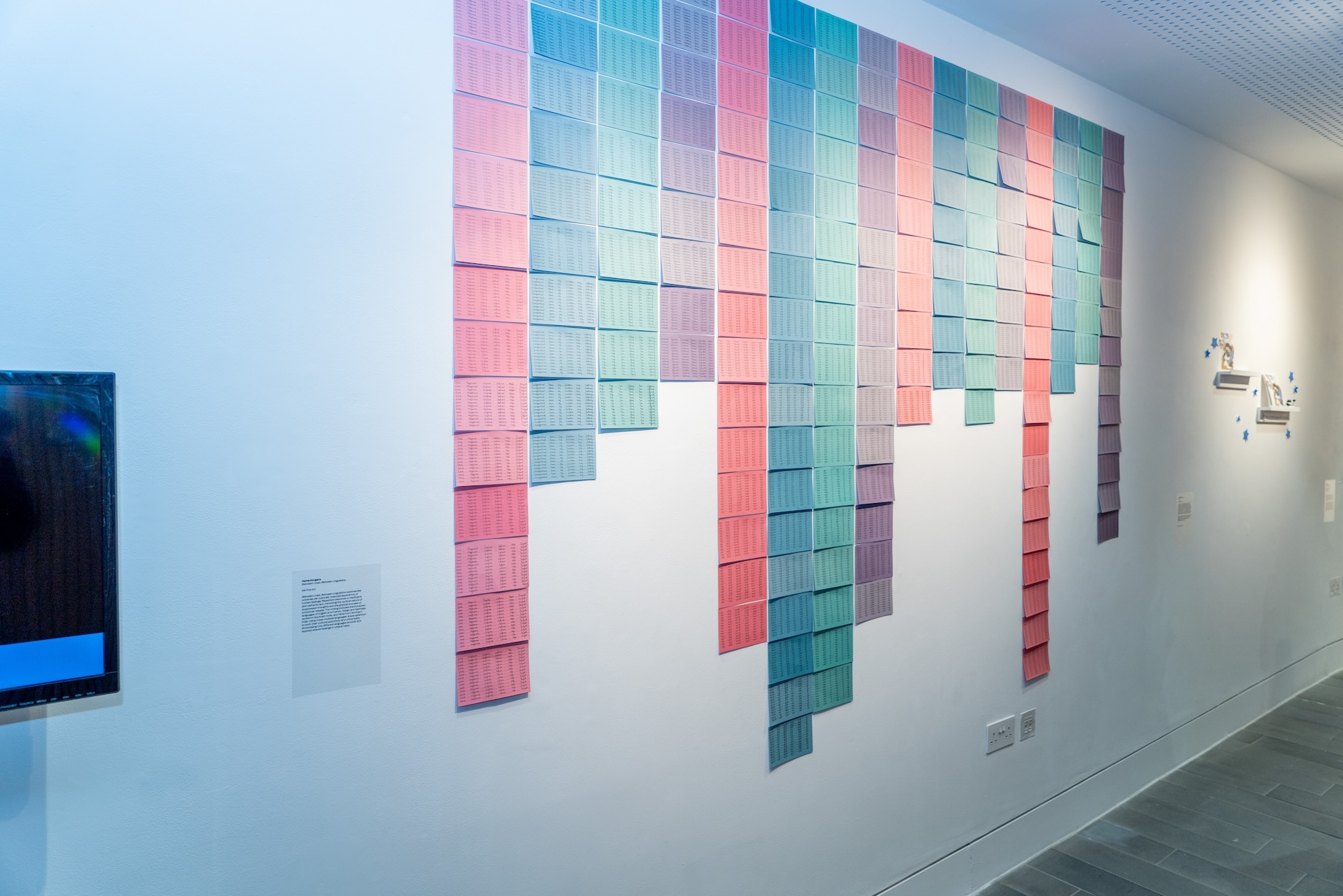 Pink, blue, green and purple sheets of paper, arranged in columns on a wall of TheGallery at Arts University Bournemouth, during the 2024 Postgraduate Winter Shows.