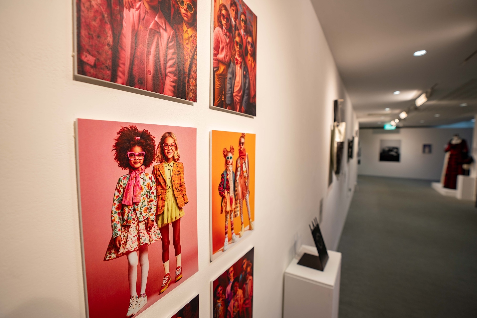 A series of AI artworks showing digital models wearing various outfits, on display during the 2024 Postgraduate Winter Show at Arts University Bournemouth.
